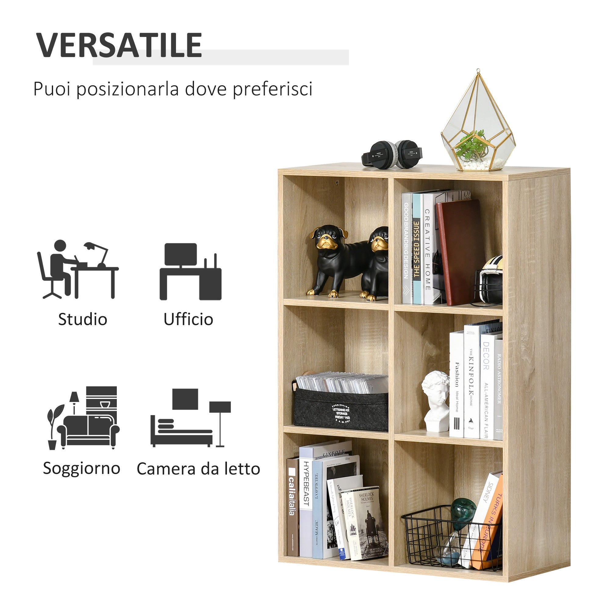 Modern 6-Cube Wooden Bookcase, 65.5x30x97.5 cm, Oak Color