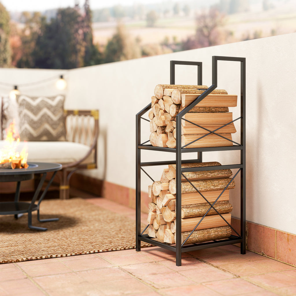 2-Tier Metal Firewood Rack with Raised Base, 34x30x80 cm, Black