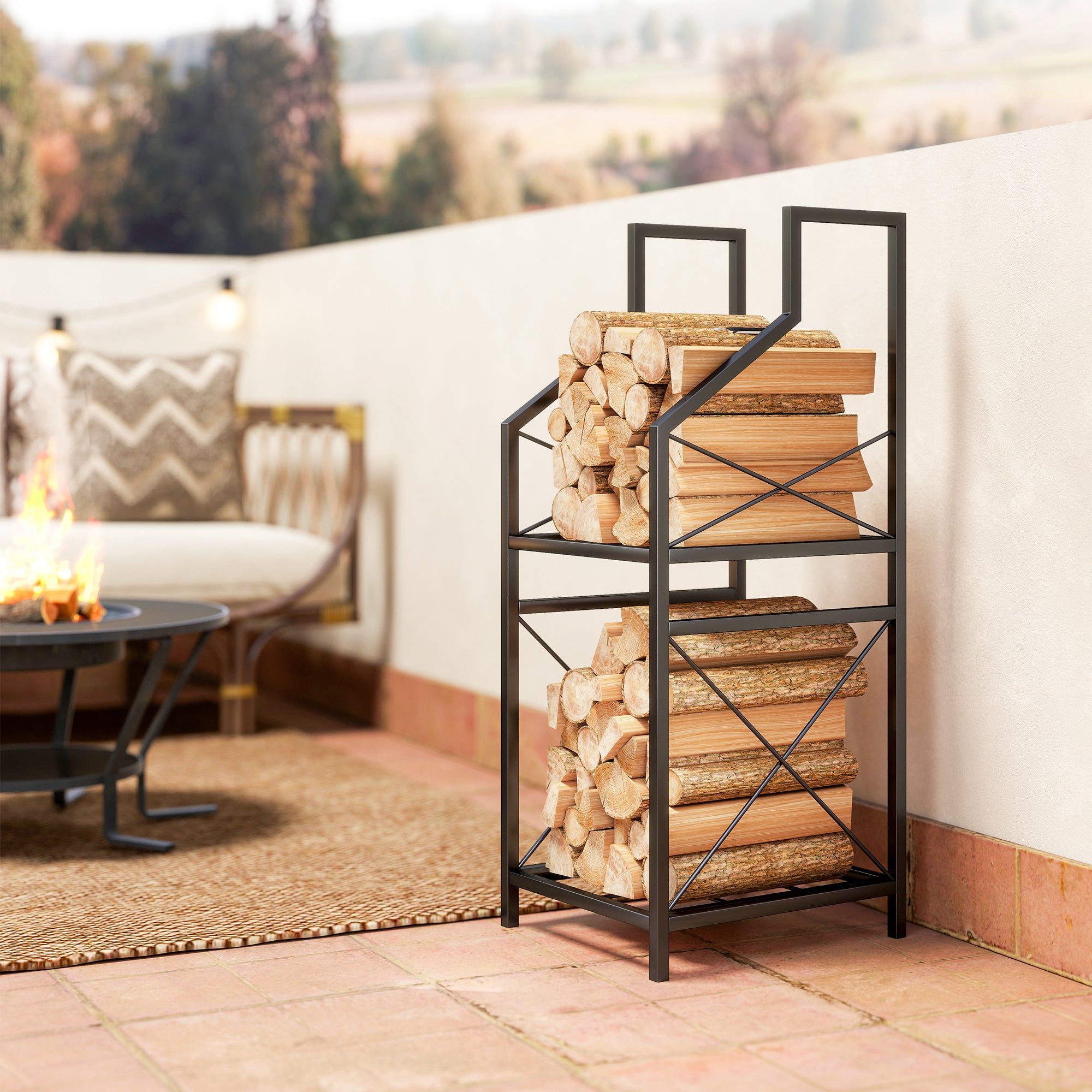 2-Tier Metal Firewood Rack with Raised Base, 34x30x80 cm, Black