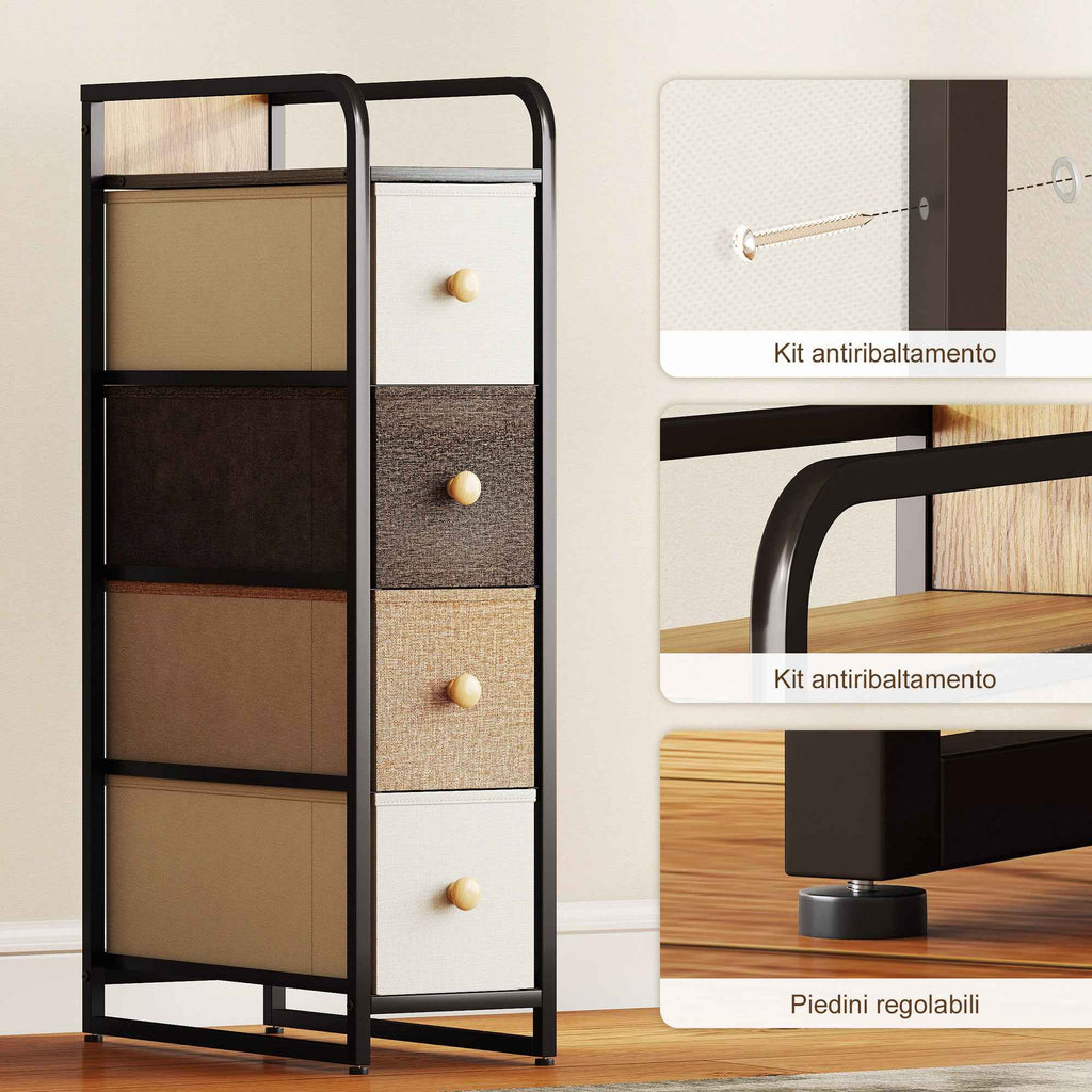 HOMCOM Space-Saving Chest of Drawers with 4 Folding Drawers in Fabric, Steel and Wood, 20x47x84.5 cm, Multicolor