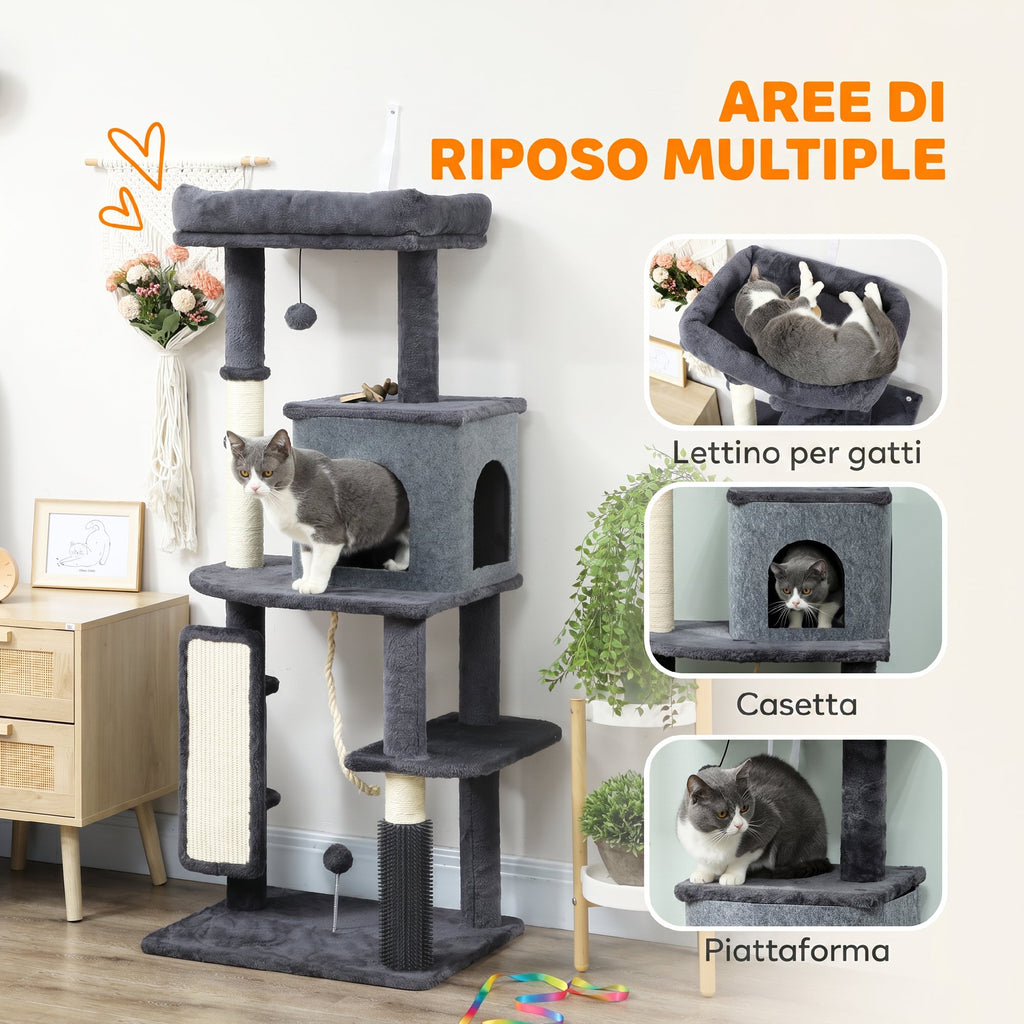 PawHut Multi-Level Cat Tree, 132 cm Tall, with House, Bed, Scratching Posts, Brush and Ball, Dark Grey