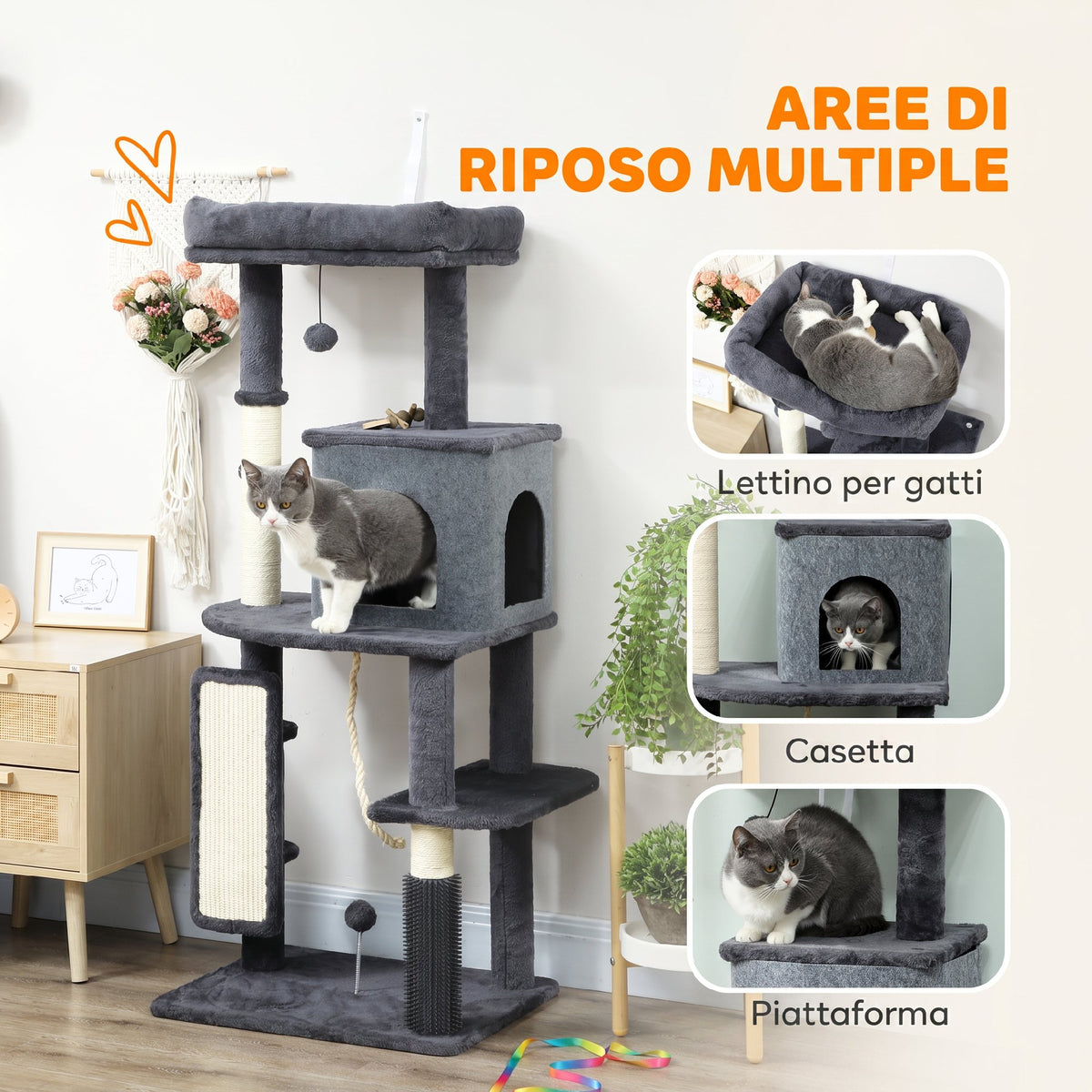 PawHut Multi-Level Cat Tree, 132 cm Tall, with House, Bed, Scratching Posts, Brush and Ball, Dark Grey