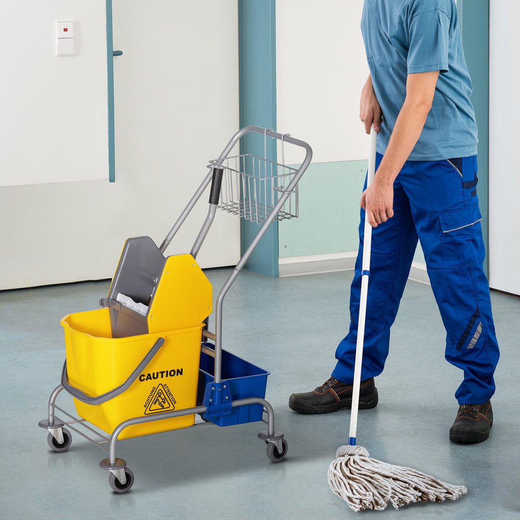 Cleaning Trolley with Wringer, 25L Bucket and Plastic Shelf, in PP and Metal, 72x49.5x95 cm, Blue and Yellow