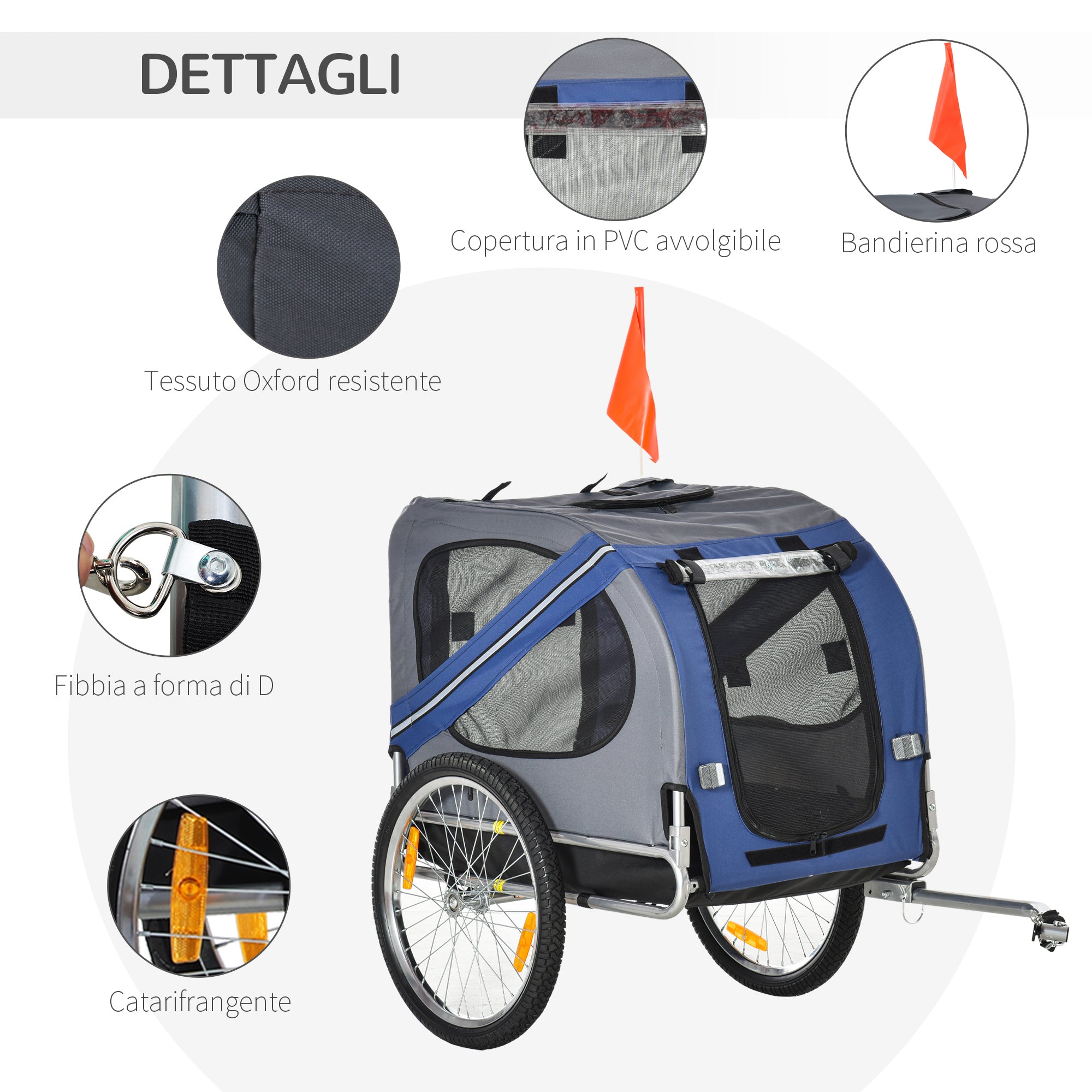 Pawhut bicycle trailer for dogs and cats 2 large 50cm wheels good ventilation flag safety flag resistant to blue and gray rail steel and oxford fabric - Borgè