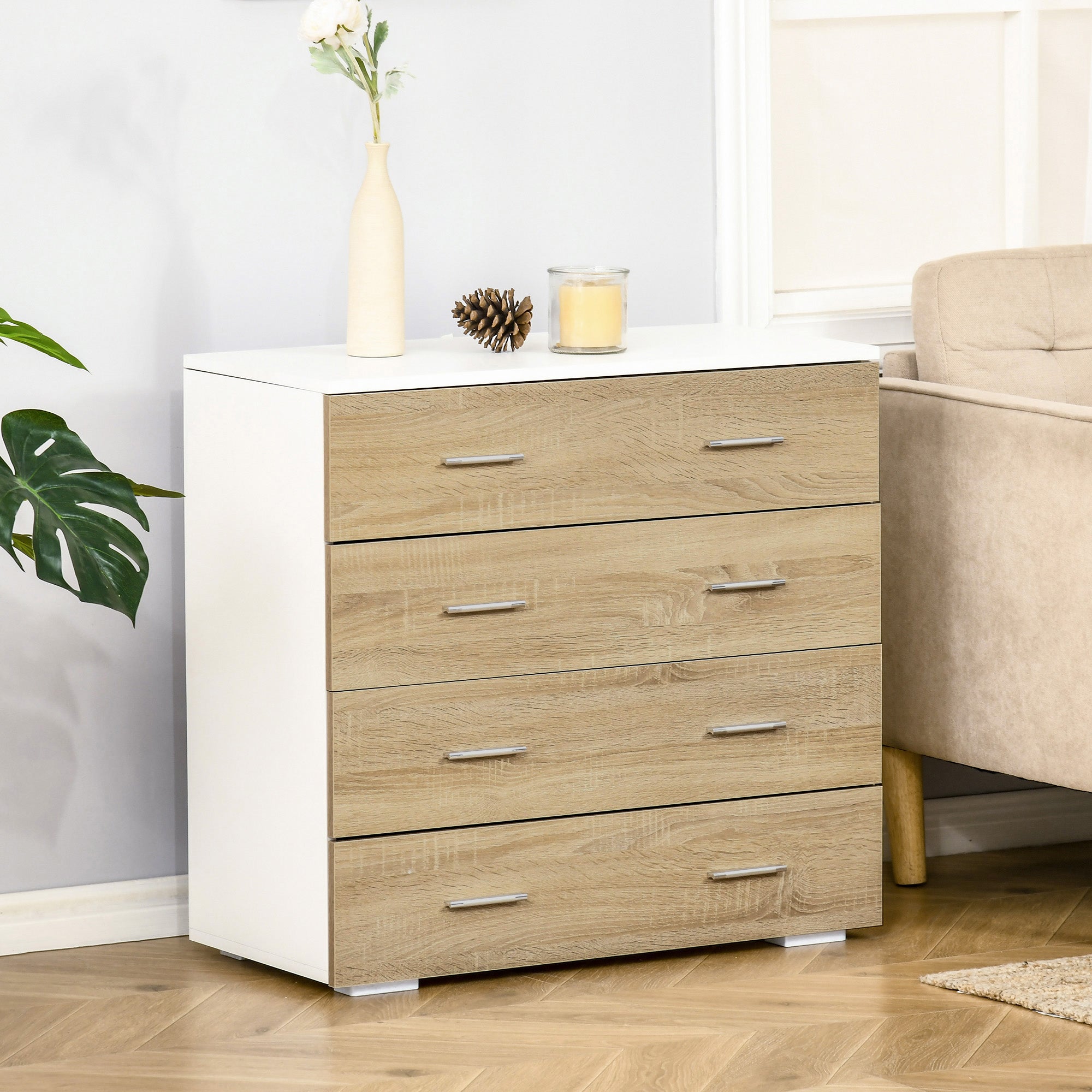 Chest of 4 Wooden Drawers and Aluminum Handles, 76x35x72cm, White and Oak