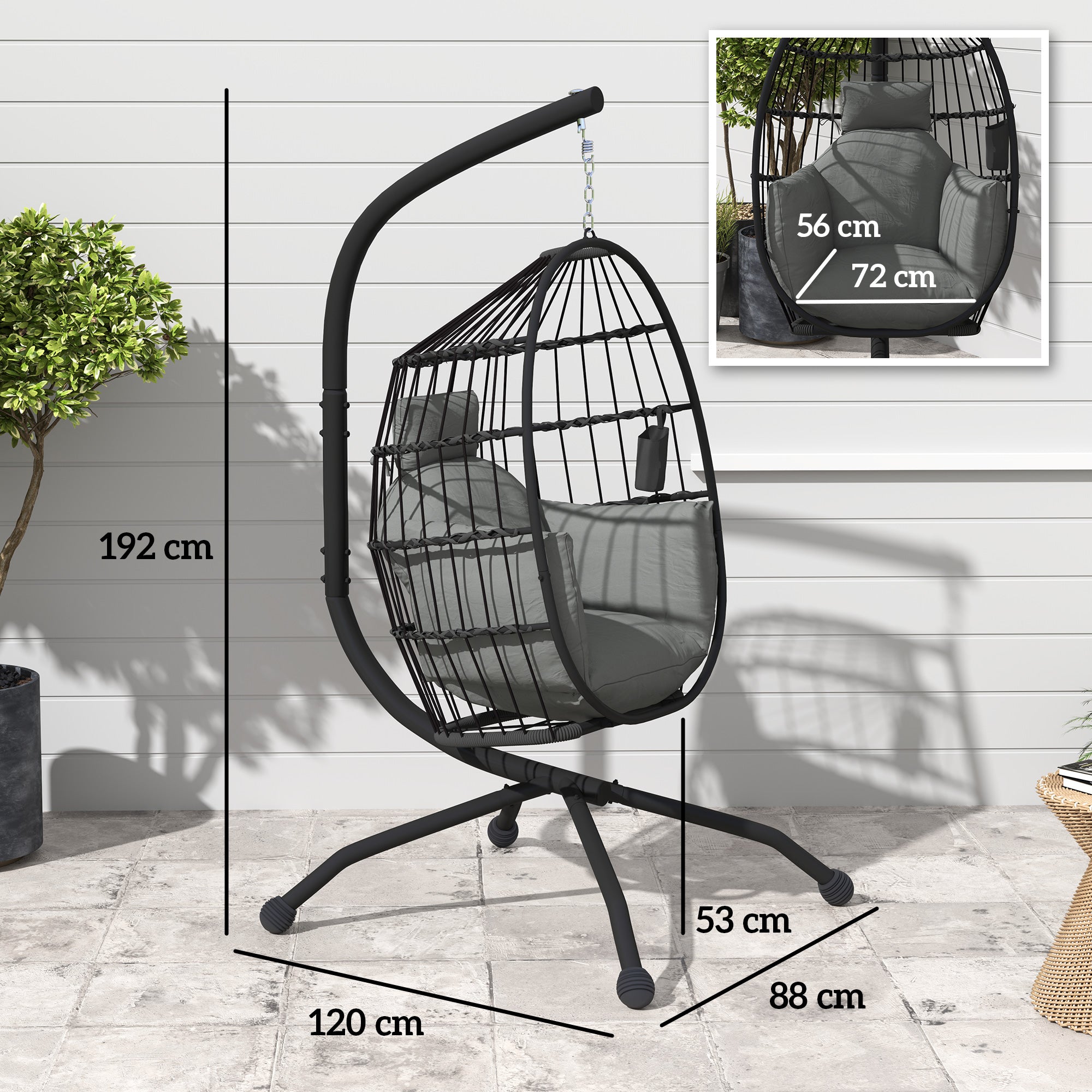 Hanging Egg Chair with Adjustable Hook, 2 Cushions and Basket, Steel, 120x88x192 cm, Black and Grey