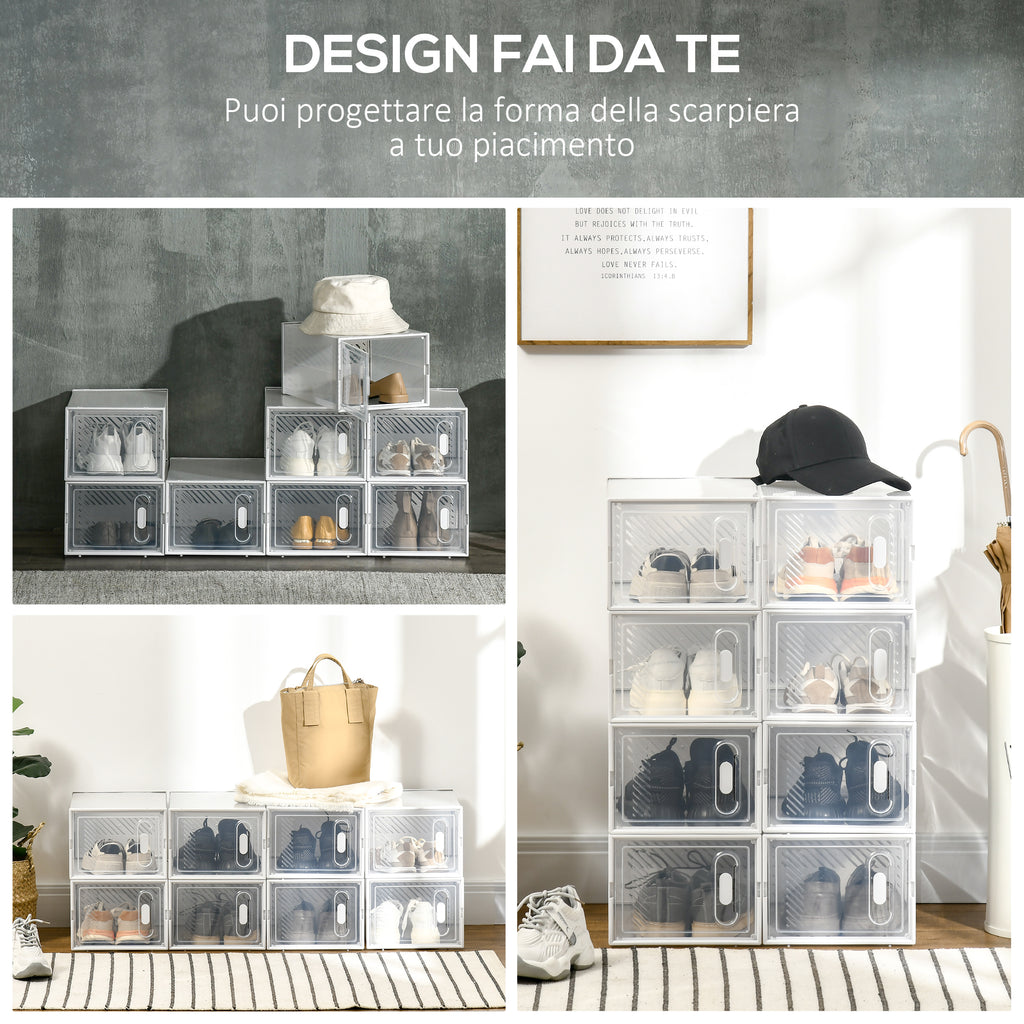 HOMCOM Modular Shoe Rack in PP with 8 Storage Cubes and Magnetic Door, 25x35x19 cm, White and Transparent