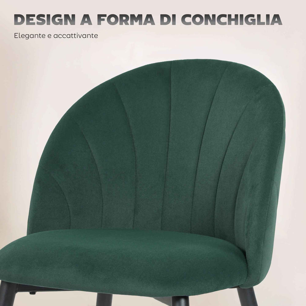 HOMCOM Set of 2 Velvet Shell-Back Dining Chairs, 52 x 55 x 79 cm, Dark Green