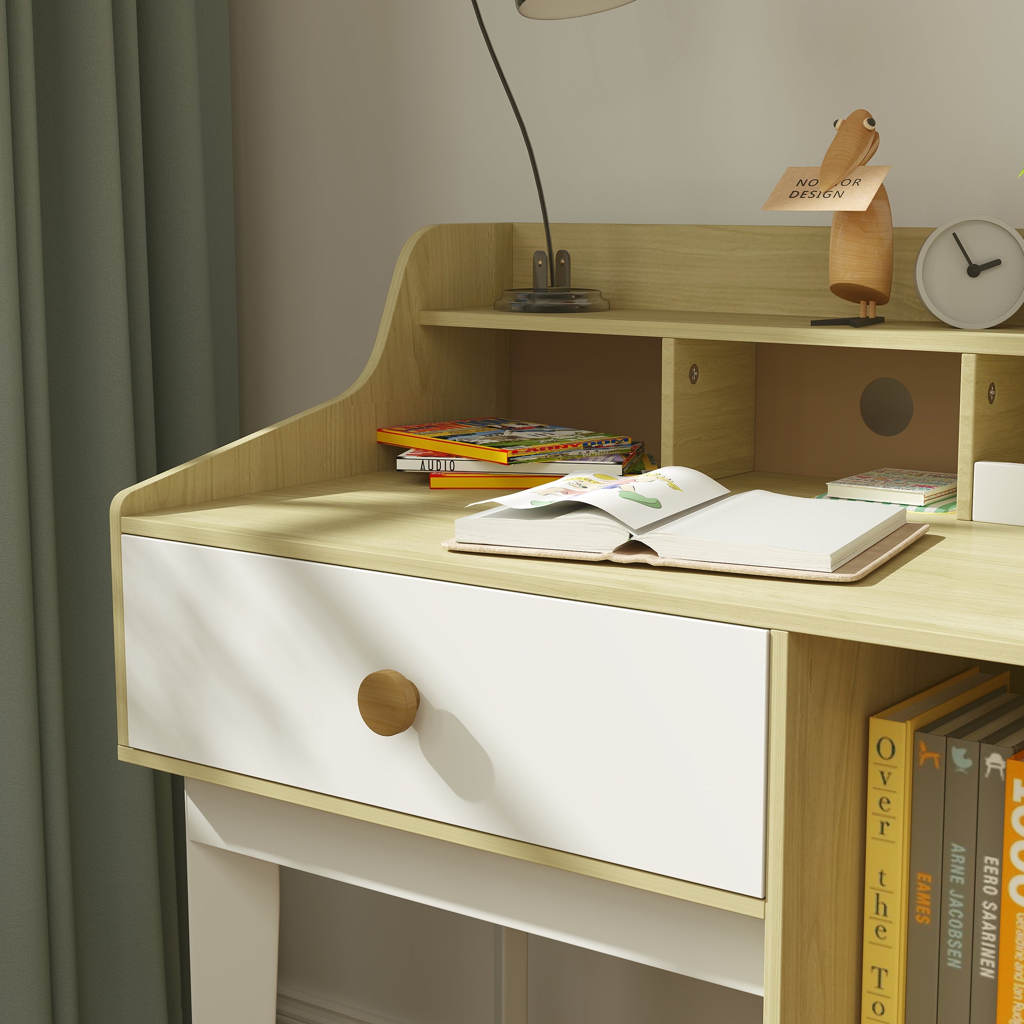 Kids Desk and Chair Set Wooden with Shelf and Drawer, Ages 3-10 Years, White and Wood
