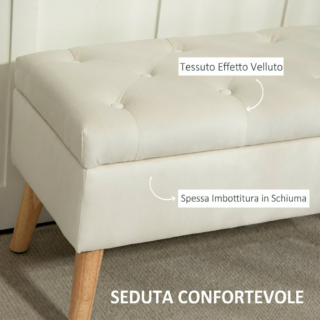 HOMCOM Storage Chest Pouf Footstool 80x35x42 cm in Velvet, Rubber Wood Legs, Cream