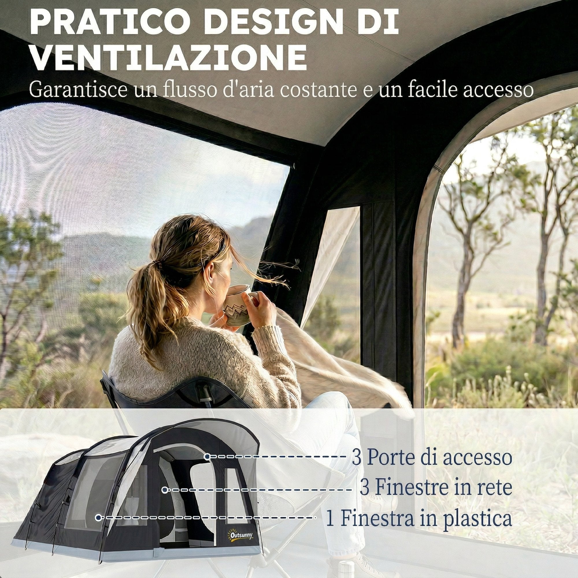 Outsunny 2-4 Person Tunnel Tent, Bedroom, Living Area, Waterproof, Navy Blue
