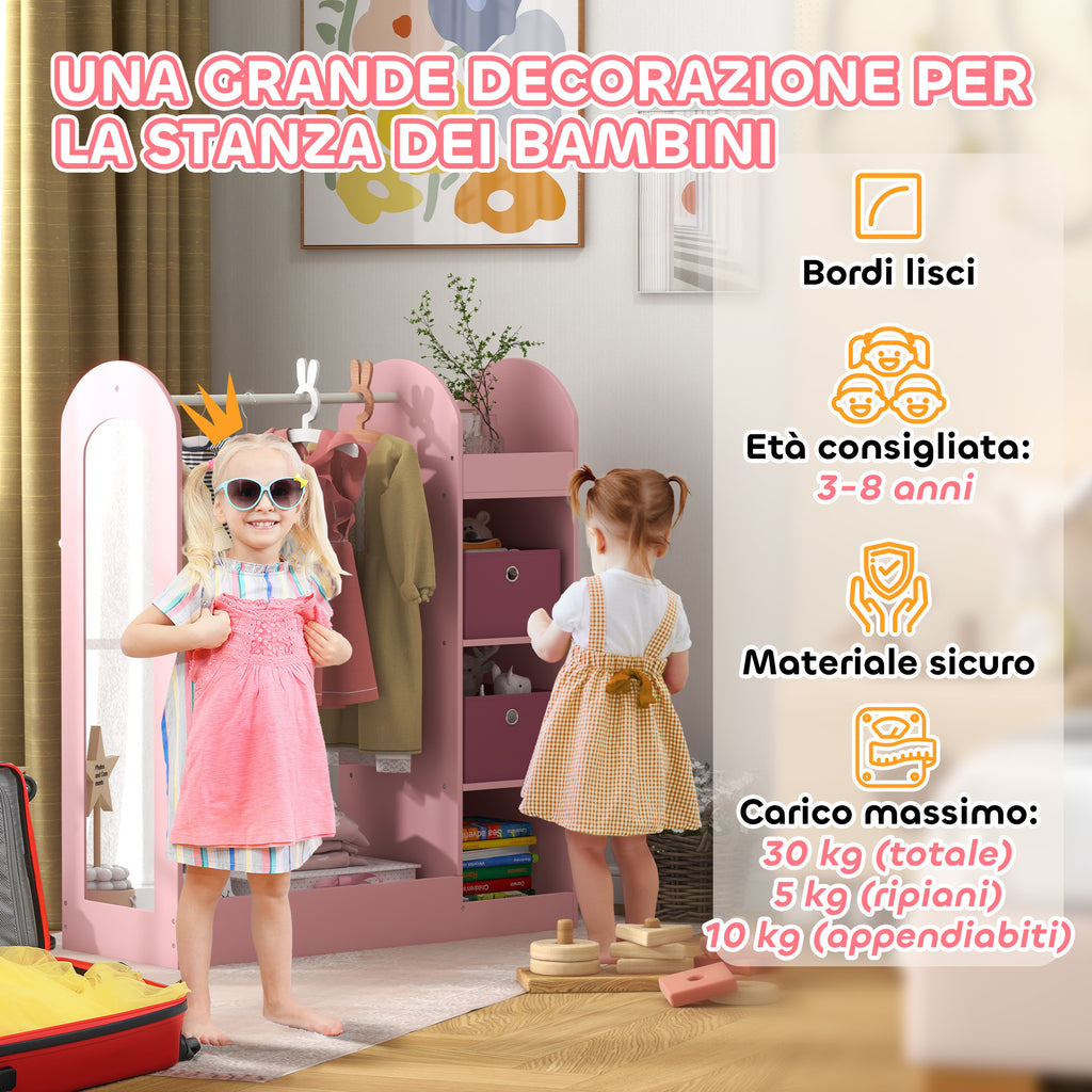 Children's Coat Rack Open Wardrobe with Shelves, Boxes, and Wooden Mirror, Pink