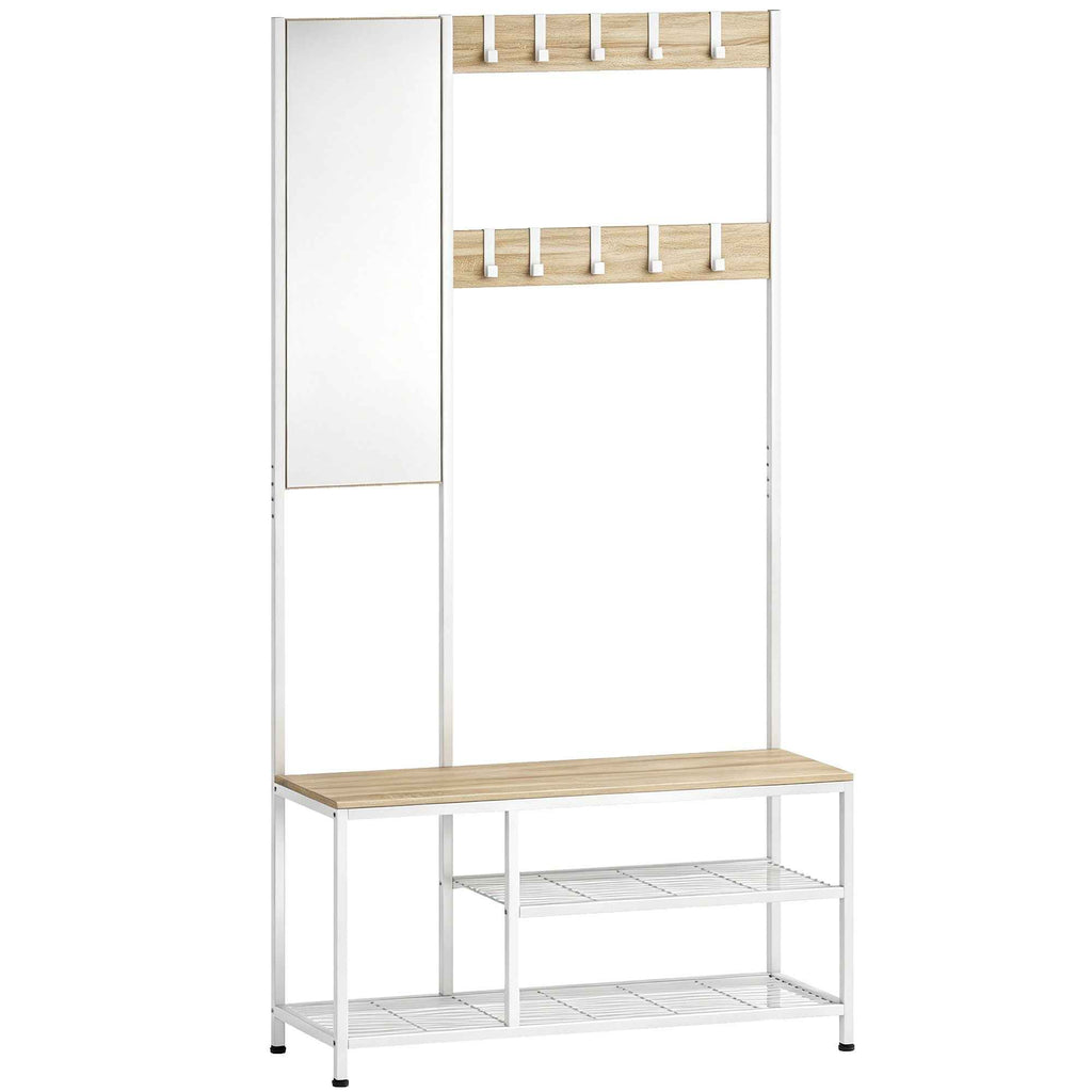 HOMCOM Hallway Coat Rack with Full-Length Mirror and Shoe Bench, Wood and Metal, Wood Color