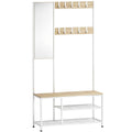 HOMCOM Hallway Coat Rack with Full-Length Mirror and Shoe Bench, Wood and Metal, Wood Color