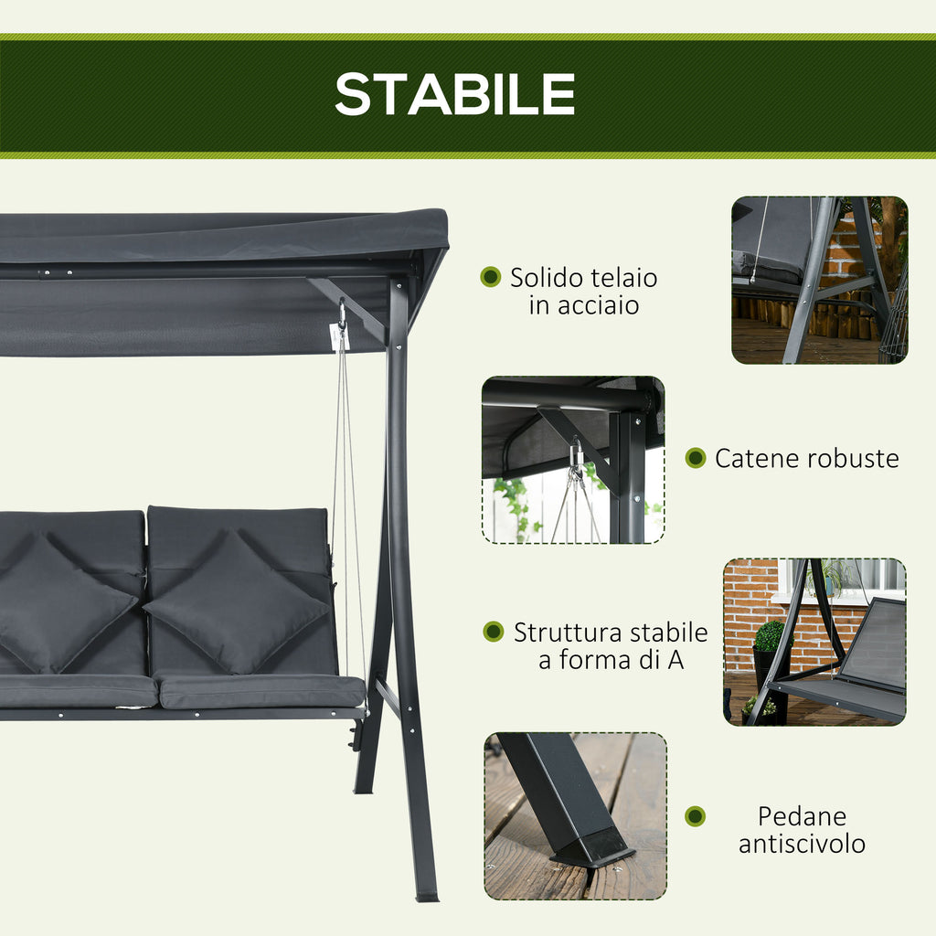 Outsunny 3-Seater Garden Swing with Adjustable Canopy, Steel and Polyester, 202x115x168 cm, Dark Grey