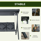Outsunny 3-Seater Garden Swing with Adjustable Canopy, Steel and Polyester, 202x115x168 cm, Dark Grey