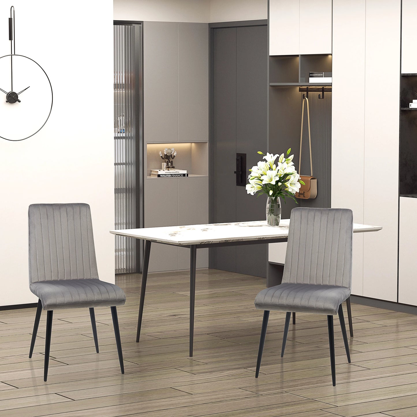 Set of 2 Padded and Space-Saving Kitchen Chairs with Steel Legs, 43x58x90 cm, Grey and Black