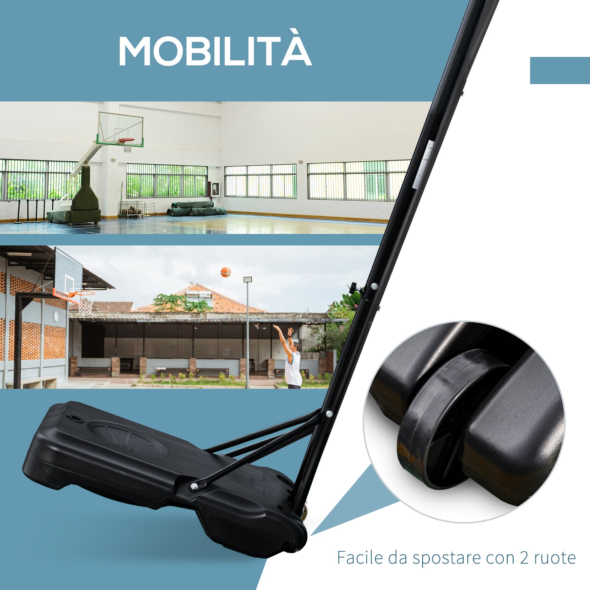 Height Adjustable Basketball Hoop with Fillable Base and 2 Wheels, in Steel, PE and HDPE, 70x45x2 cm