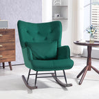 High Back Velvet Rocking Chair with Buttons, Cushion and Armrests, Green