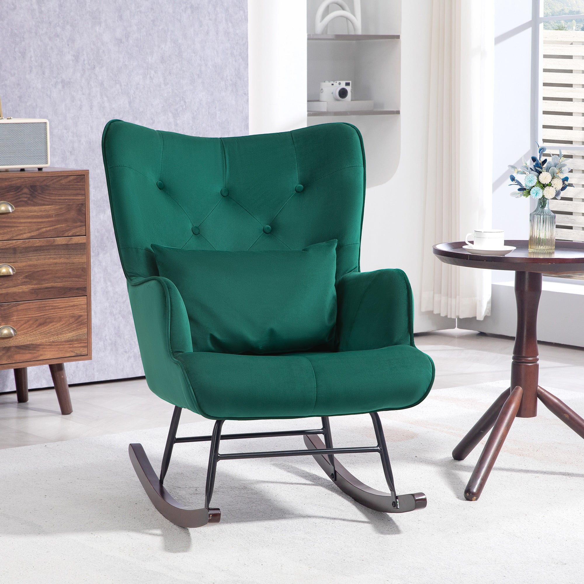 High Back Velvet Rocking Chair with Buttons, Cushion and Armrests, Green
