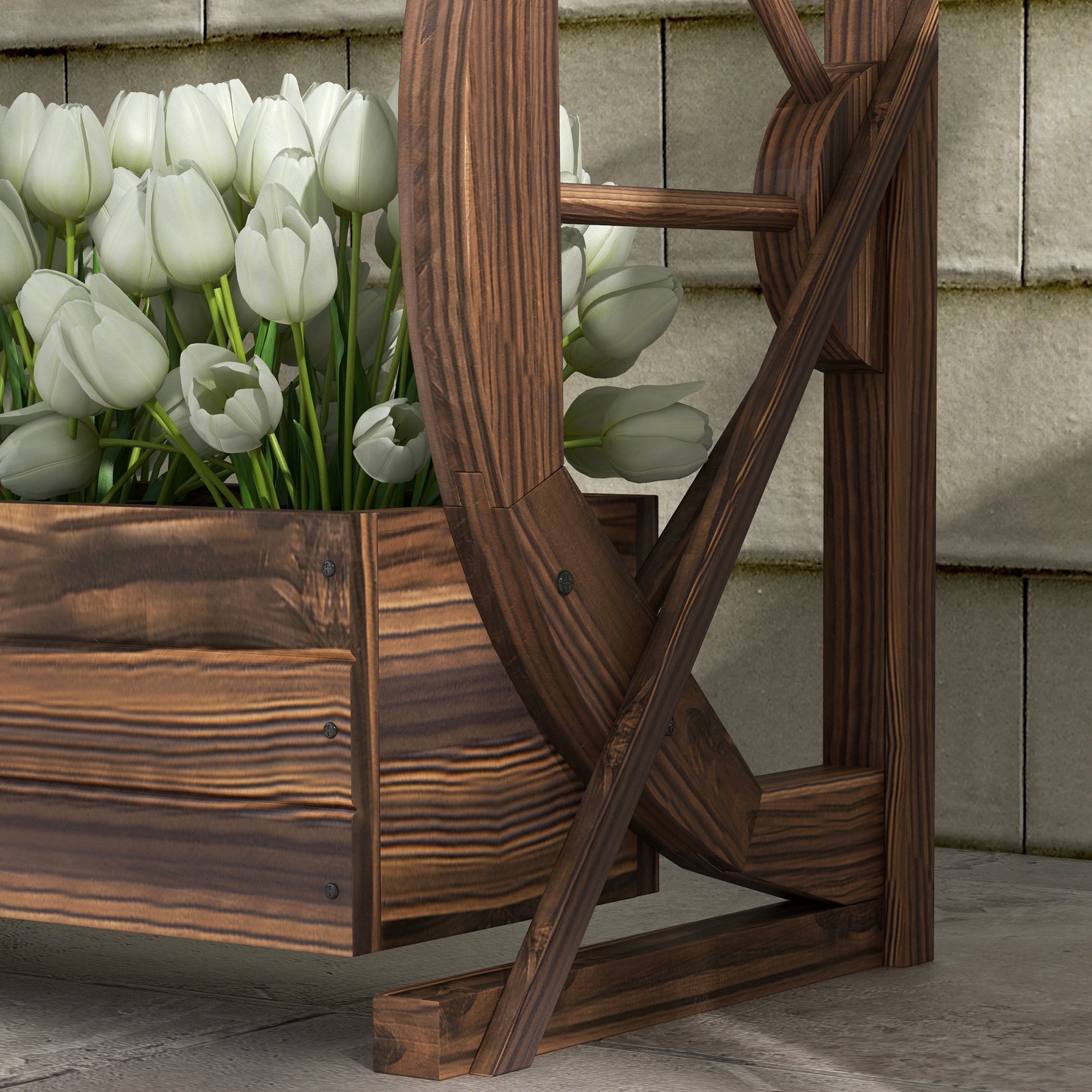 Outsunny Wooden Wood Fioriera at 2 levels with 3 vases and Country style wagon wheels, 55x32x56cm - Borgè