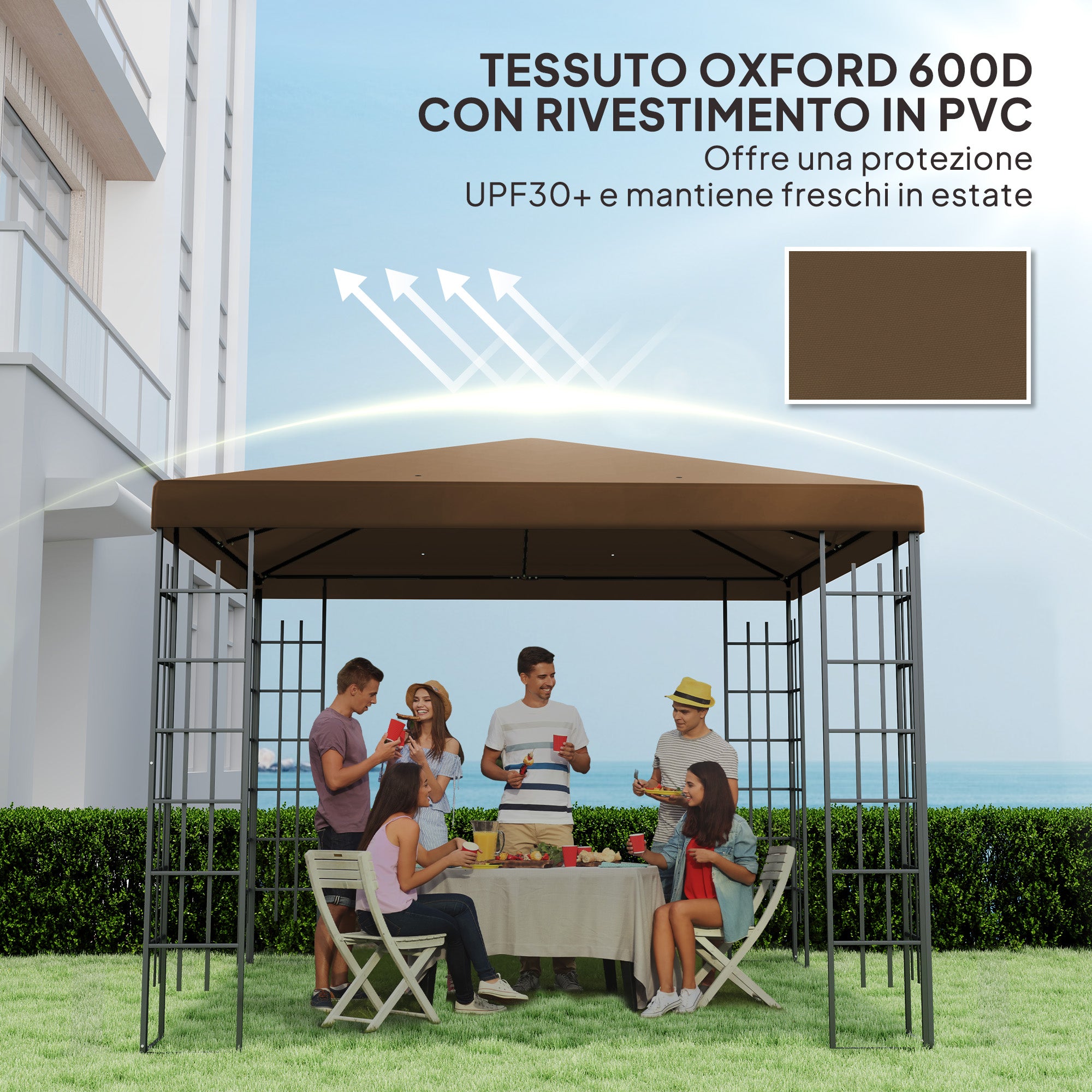 3x3 m 600D Oxford Fabric Garden Gazebo Cover with Drainage Holes, Brown