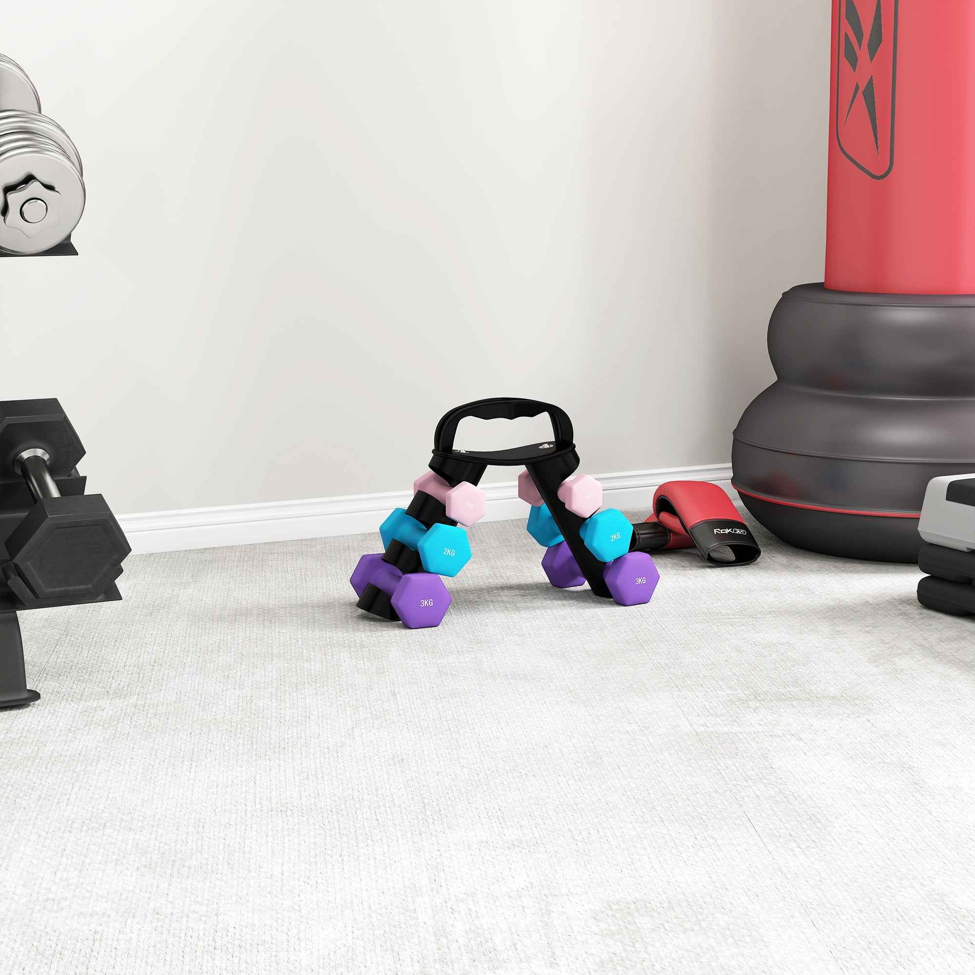 SPORTNOW Set of 6 Dumbbell Weights (2x1 kg, 2x2 kg, 2x3 kg) of 12 kg with Stand/Kettlebell, in Metal and PP Pink, Blue and Purple