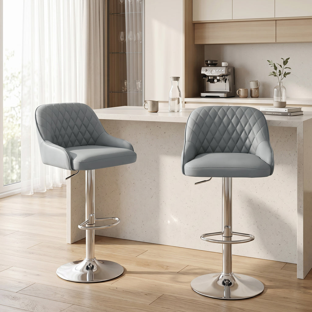 HOMCOM Set of 2 Swivel and Height-Adjustable Bar Stools with Backrest, Faux Leather, Light Grey