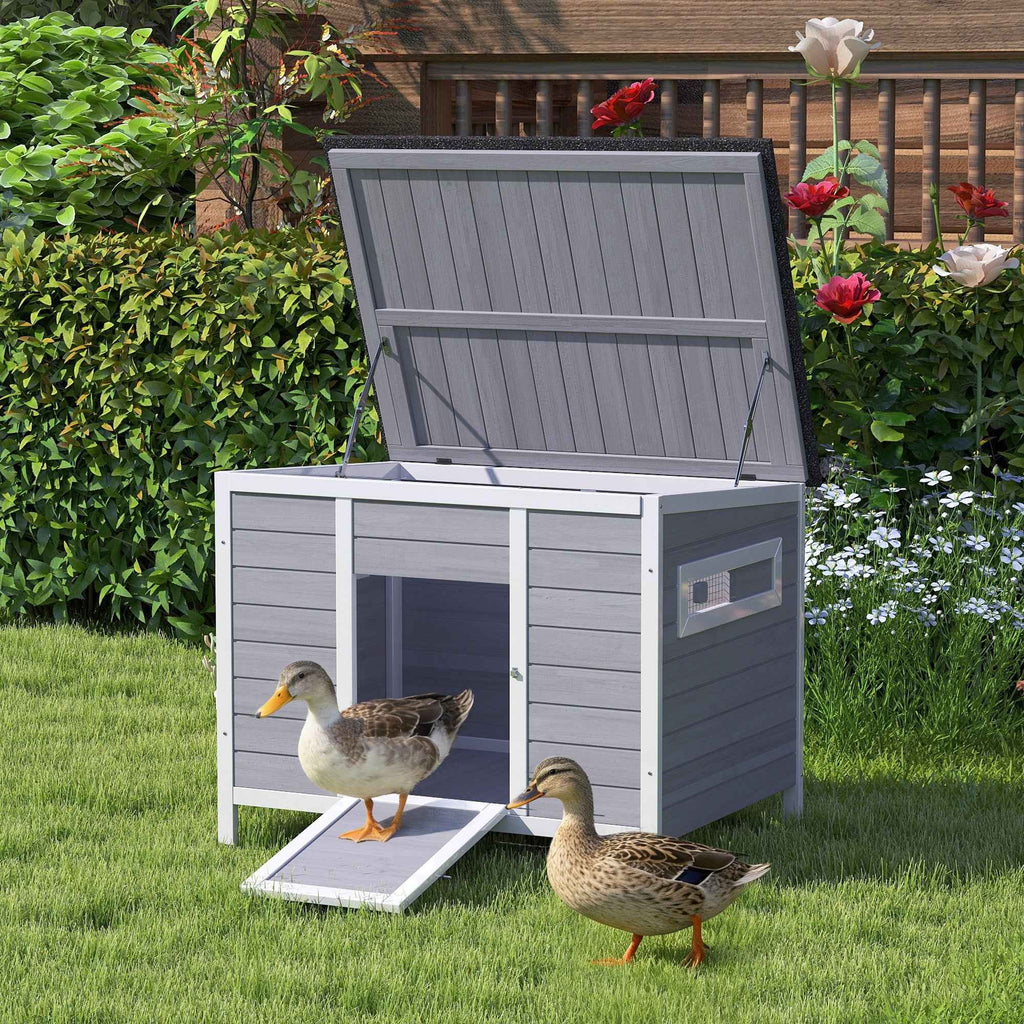 PawHut Duck House with Opening Roof, Windows and Ramp, Wooden, 93x70x72 cm, Multicolored