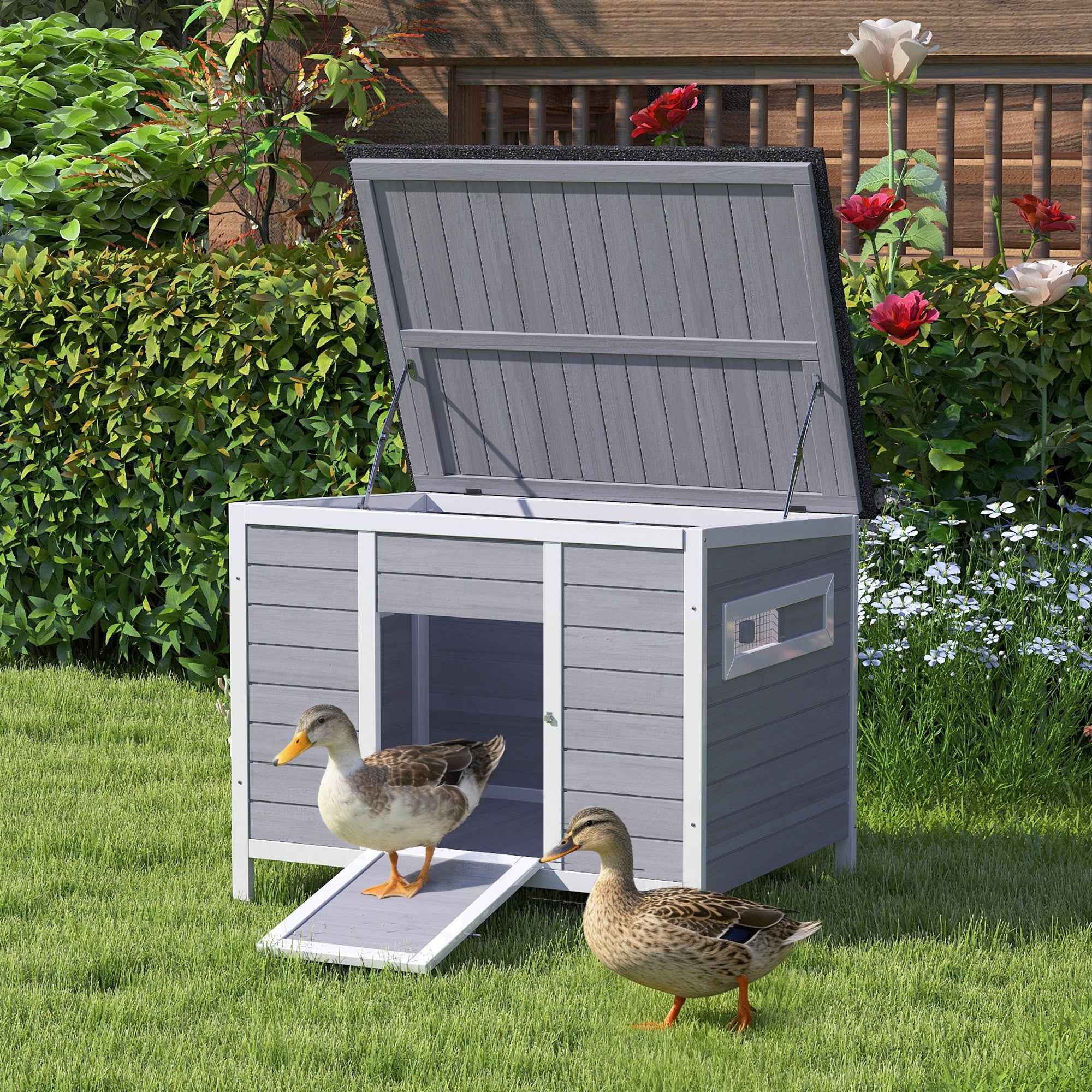 PawHut Duck House with Opening Roof, Windows and Ramp, Wooden, 93x70x72 cm, Multicolored