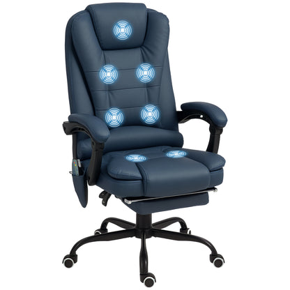 Office Armchair with 7 Massage Points and Footrest, in PU Leather and Steel, 67x67x111-121 cm, Blue