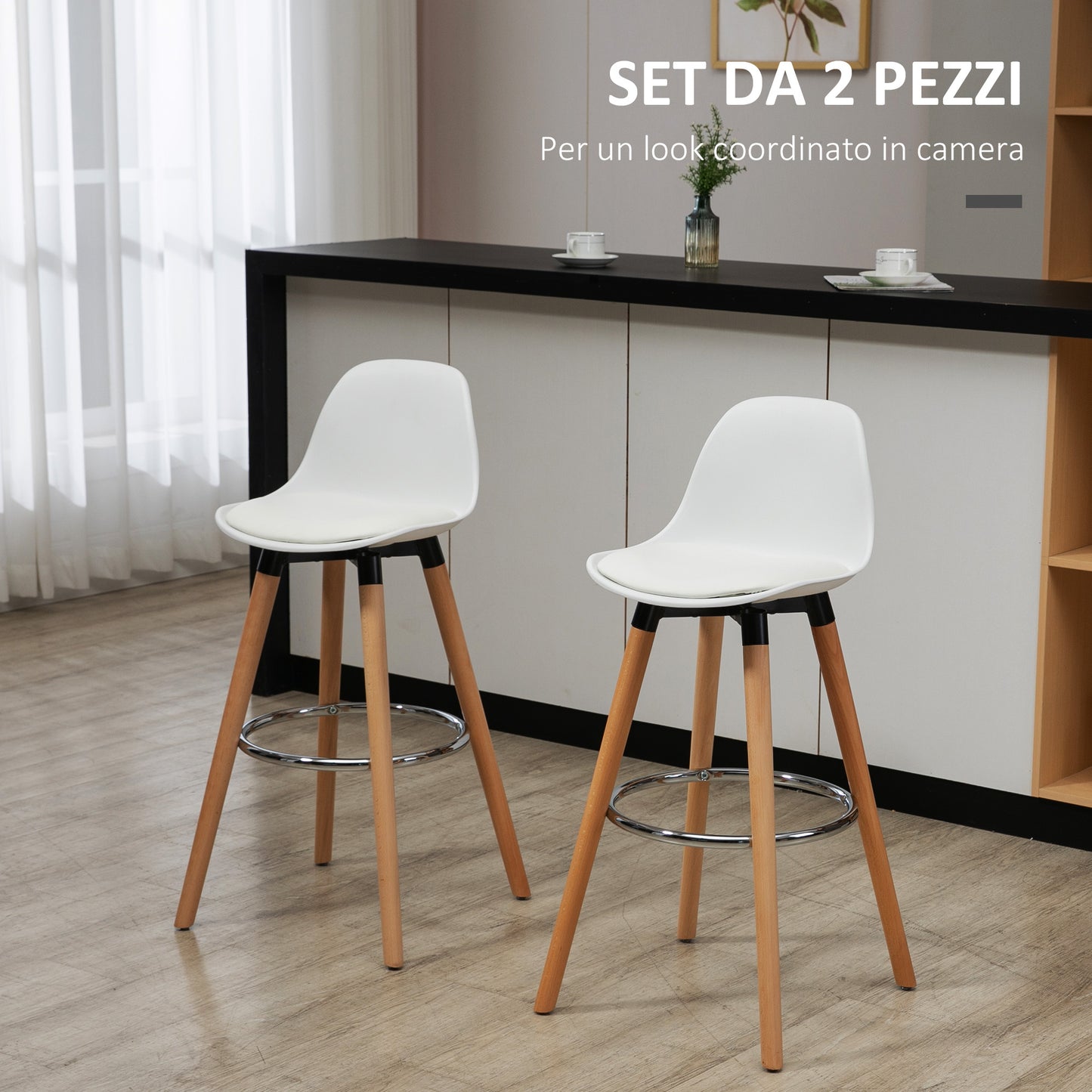 Set of 2 Nordic Style Bar Stools with Backrest, Cushion and Footrest, Wood and Plastic, White