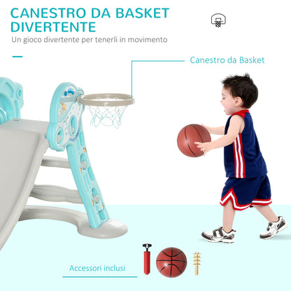 HOMCOM Folding Slide for Children from 18 Months with 3 Steps and Basketball Hoop, 140x87x75cm, Blue and Gray