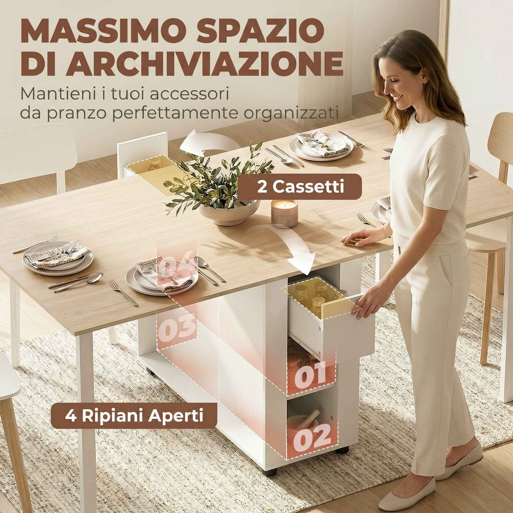 HOMCOM Folding Table for 6 People with 2 Drawers and 4 Shelves.