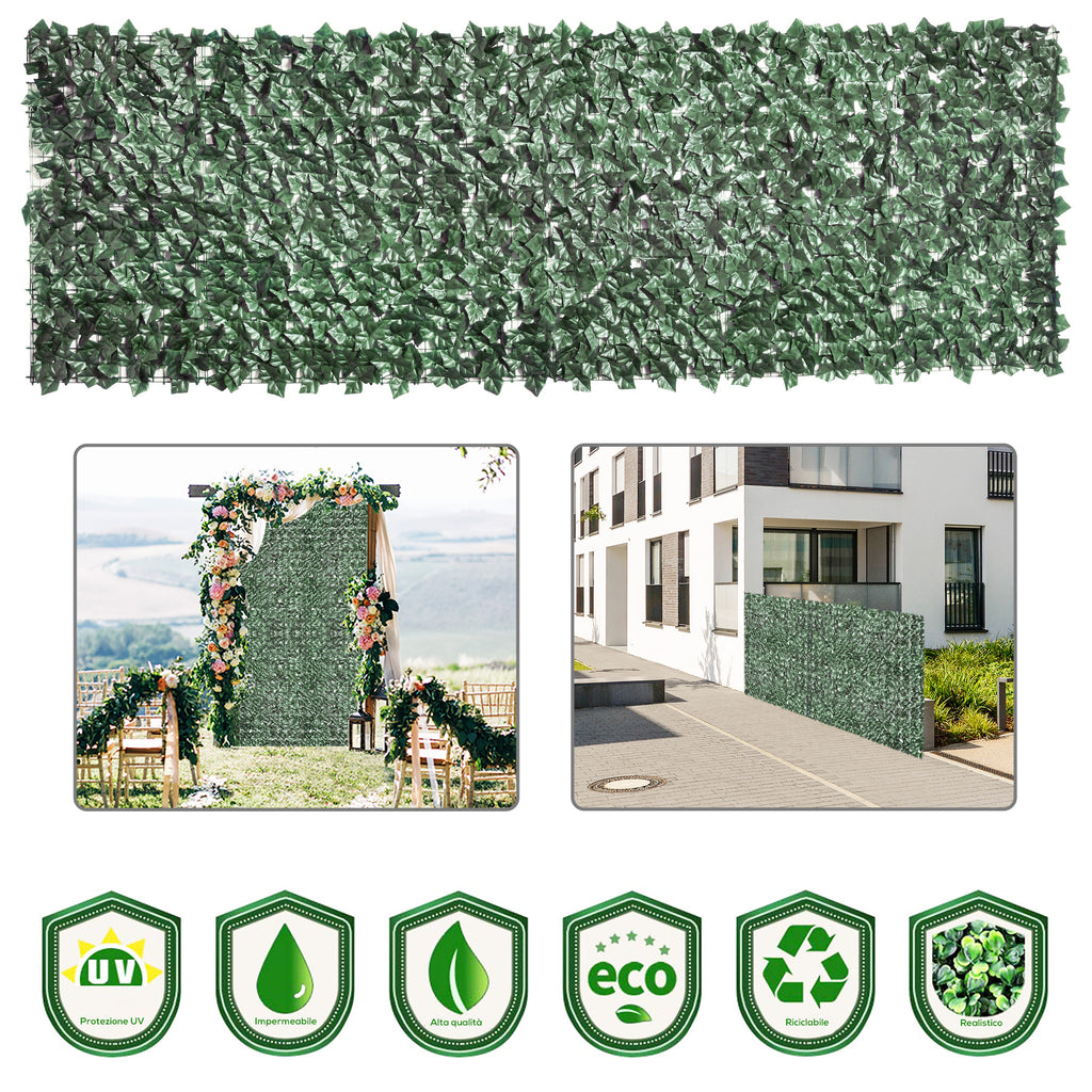 Outsunny Artificial Hedge Roll for Balcony and Garden in Anti-UV PE, Fake Hedge with Dark Green Leaves 300x100cm
