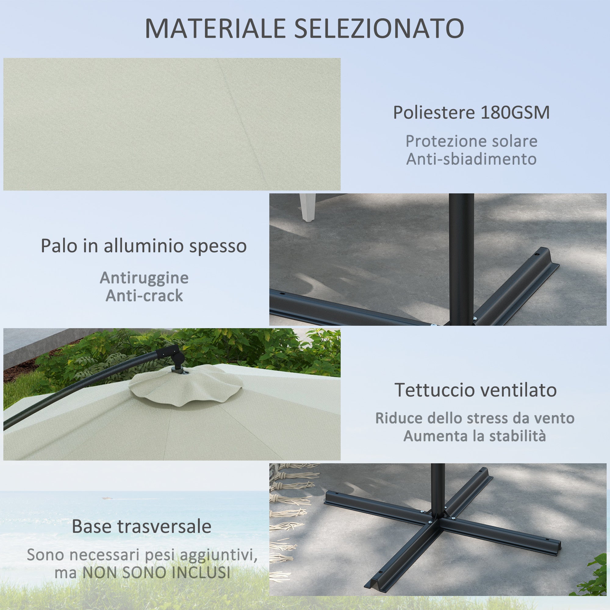 8-Rib Umbrella with Cross Base, in Aluminium, Metal and Polyester, Ø3x2.6 m, Cream - Borgè