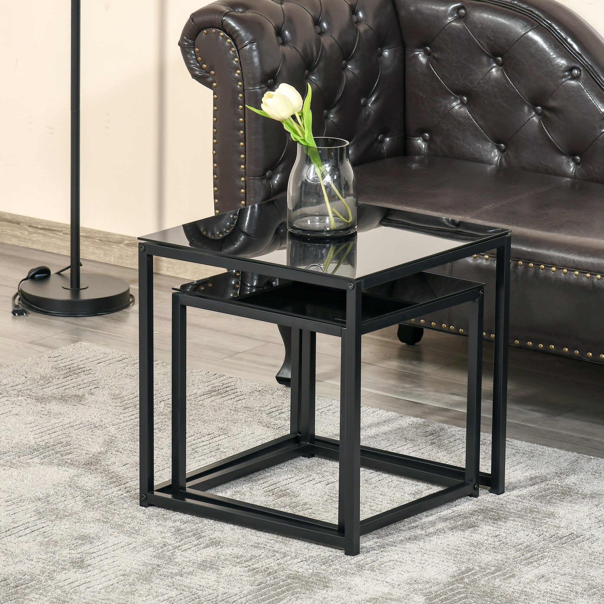 Homcom Set 2 Modern Square Living Room Tables, in steel and tempered glass, black - Borgè