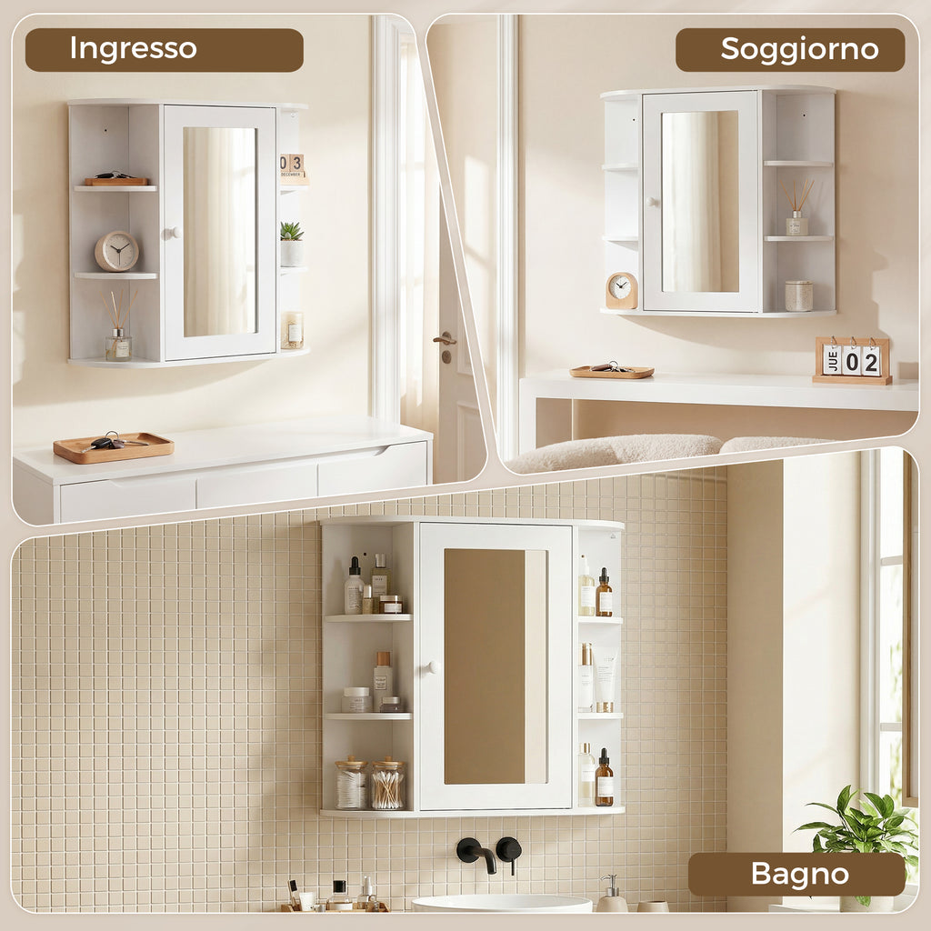 Bathroom Mirror Cabinet with 6 Open and 2 Closed Shelves, 66x17x63 cm Bathroom Cabinet with Mirror, Glass Wall Cabinet, White