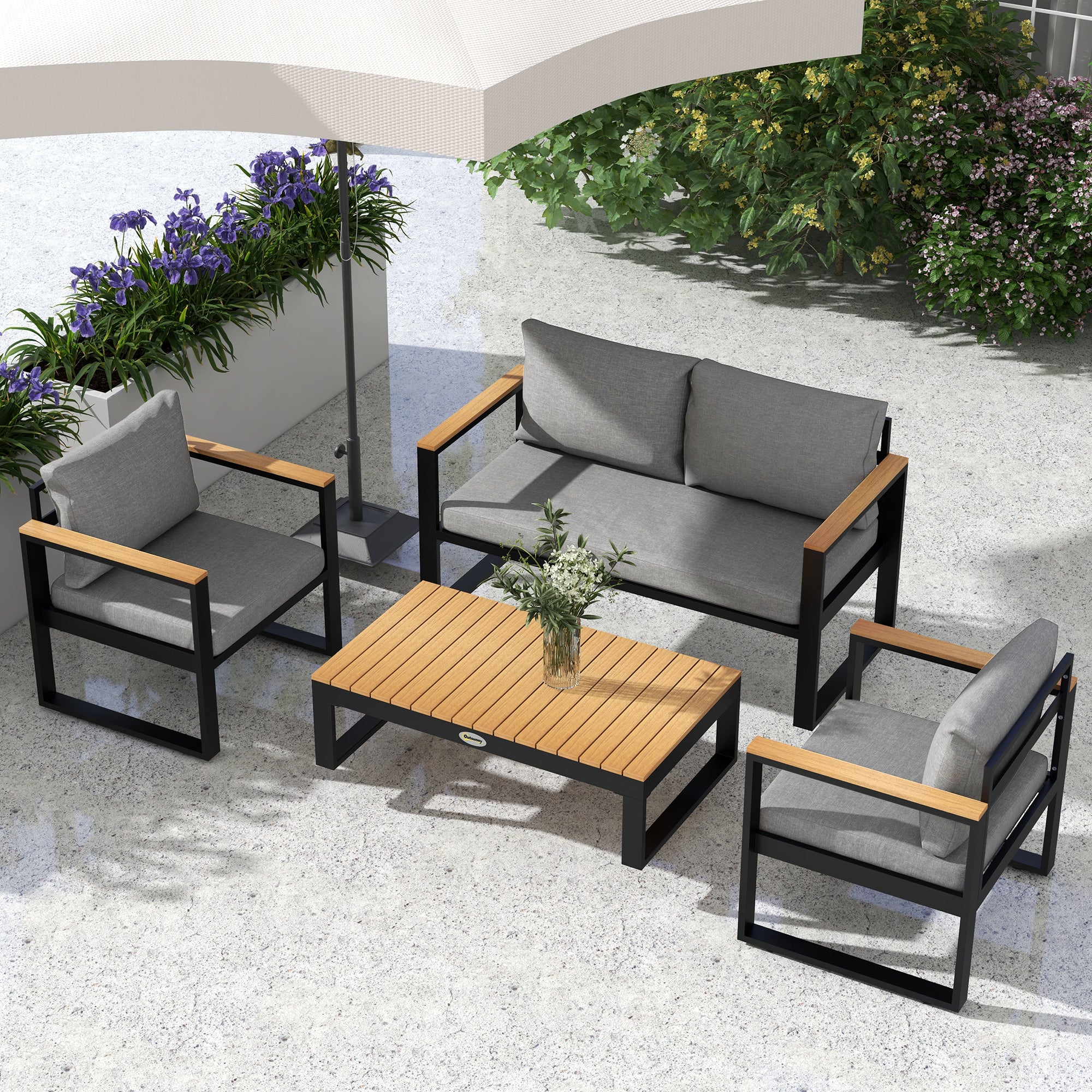 Outsunny garden living room with outdoor sofa, 2 armchairs and aluminum table, gray - Borgè