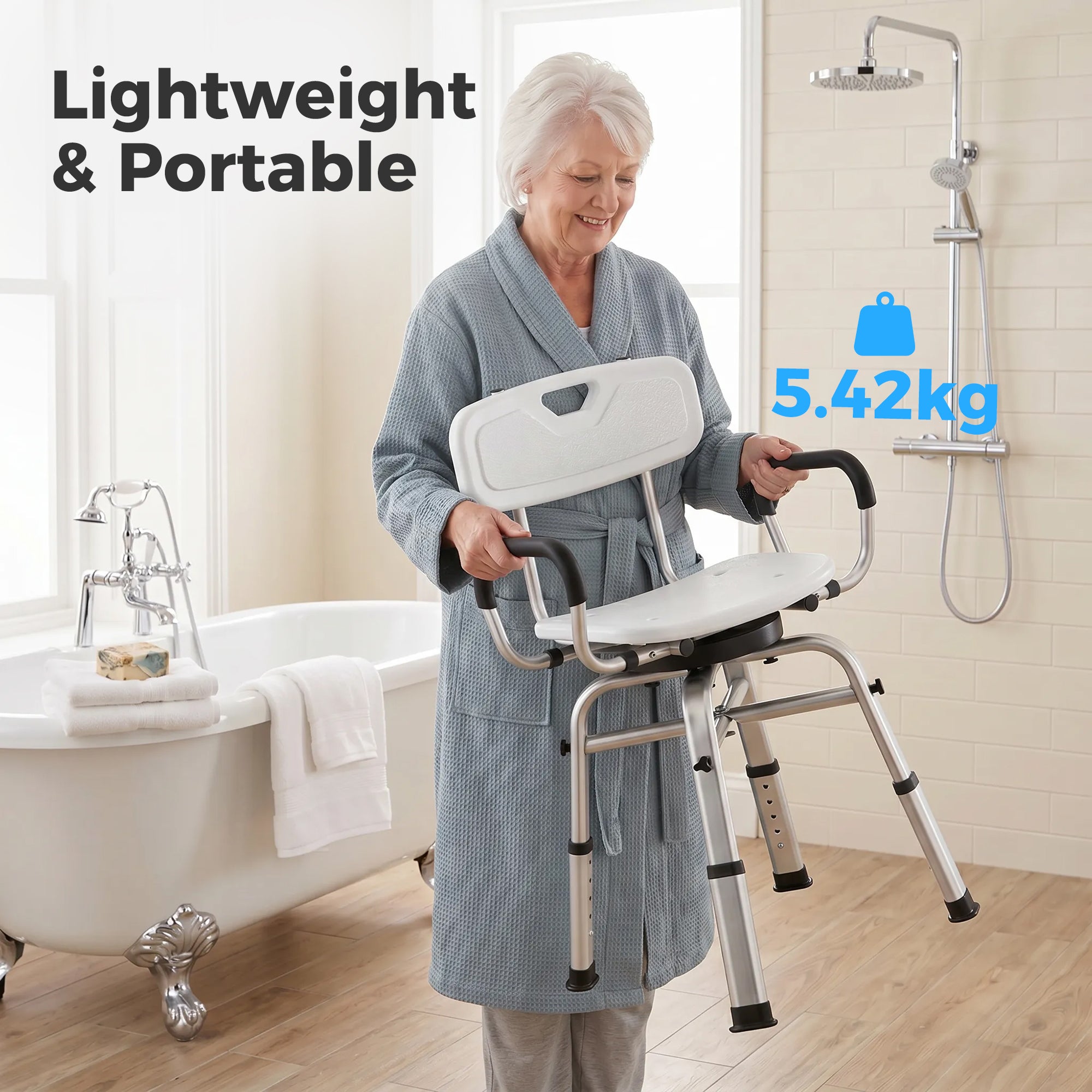 HOMCOM Height-Adjustable Swivel Shower Chair with Armrests, Backrest, 150kg Capacity, White