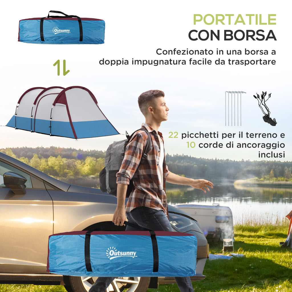 Outsunny Waterproof Camping Tent with 2 Areas and 3 Entrances, in Polyester and Fiberglass, 420x200x150 cm, Red - Borgè