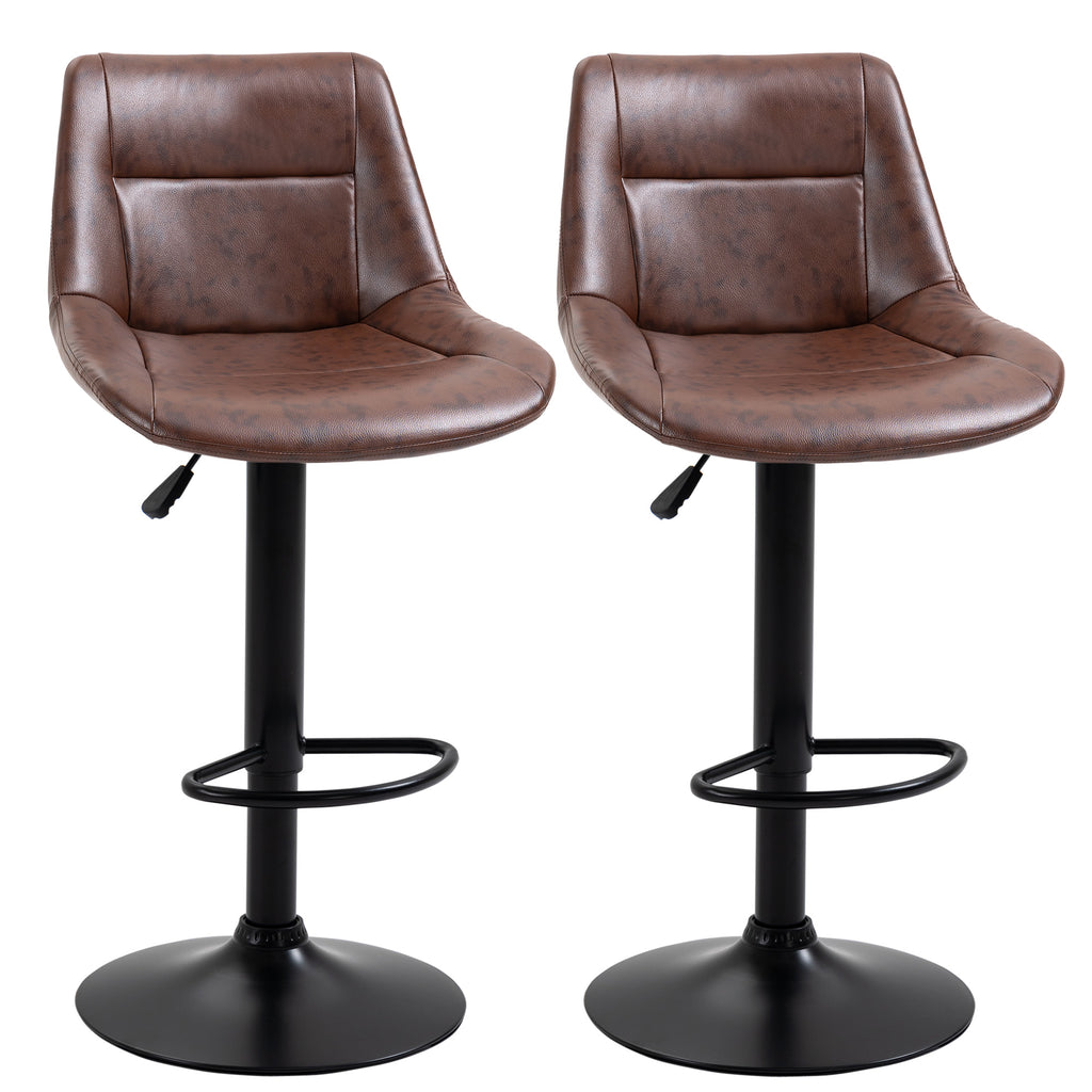 Set of 2 Vintage Brown Faux Leather Bar Stools with Footrest and Round Base, 46.5x50x88-108 cm