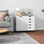 5-Drawer Side Cabinet, Adjustable Shelf, Office Storage Cabinet on Wheels, Printer Stand for Home Office, White