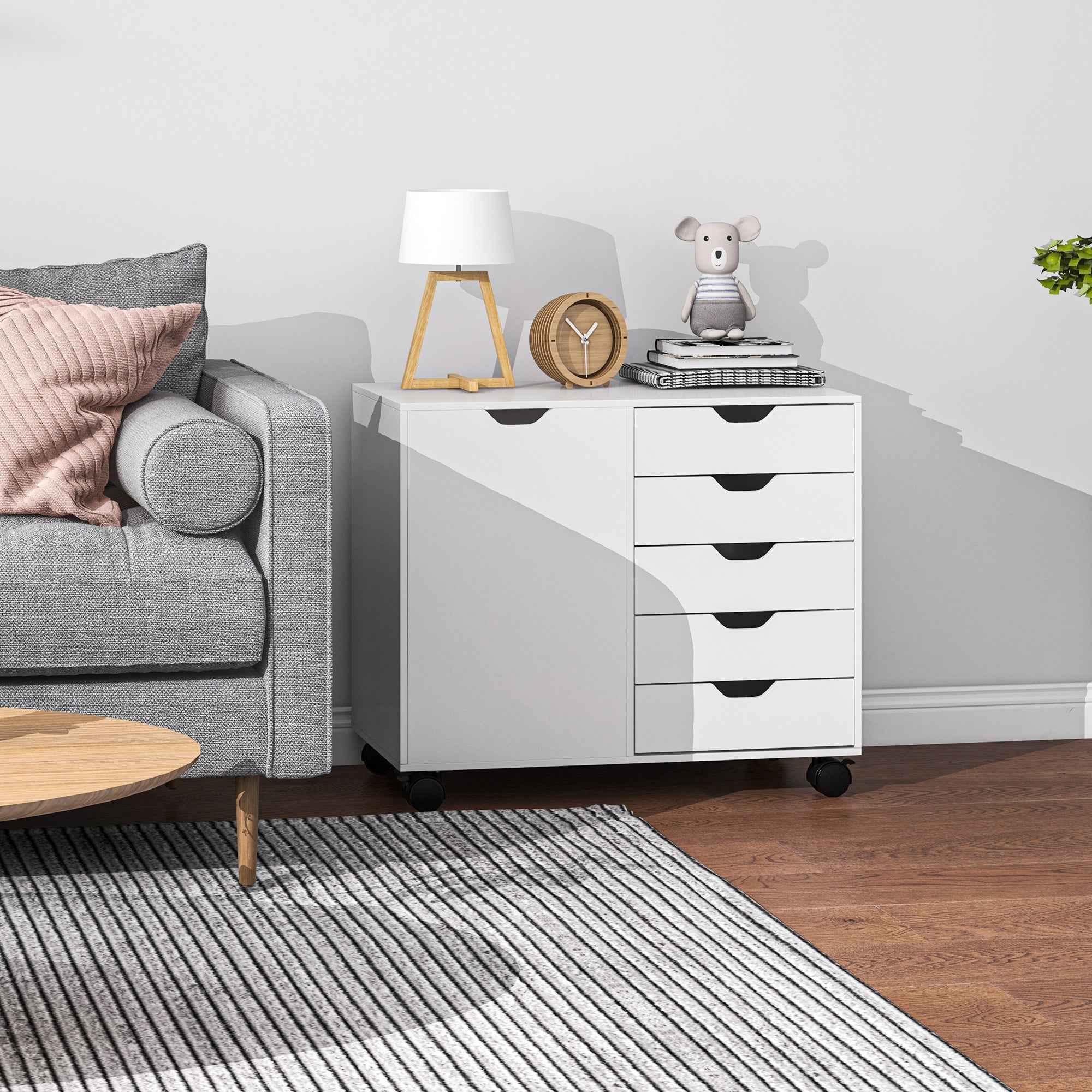5-Drawer Side Cabinet, Adjustable Shelf, Office Storage Cabinet on Wheels, Printer Stand for Home Office, White