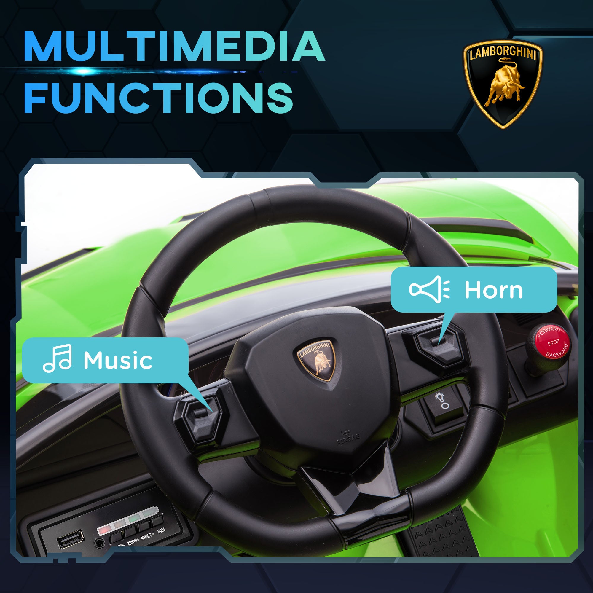 Homcom Electric Machine for Children 12v Lamborghini license with horn and remote control, 107.5x63x42 cm, green - Borgè