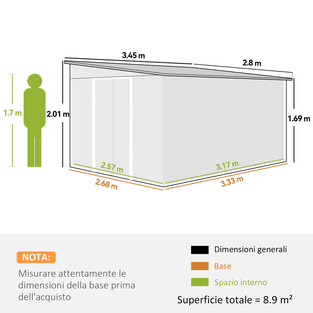 Garden Shed with Sliding Door, Steel, 345x280.5x169-201cm, Green