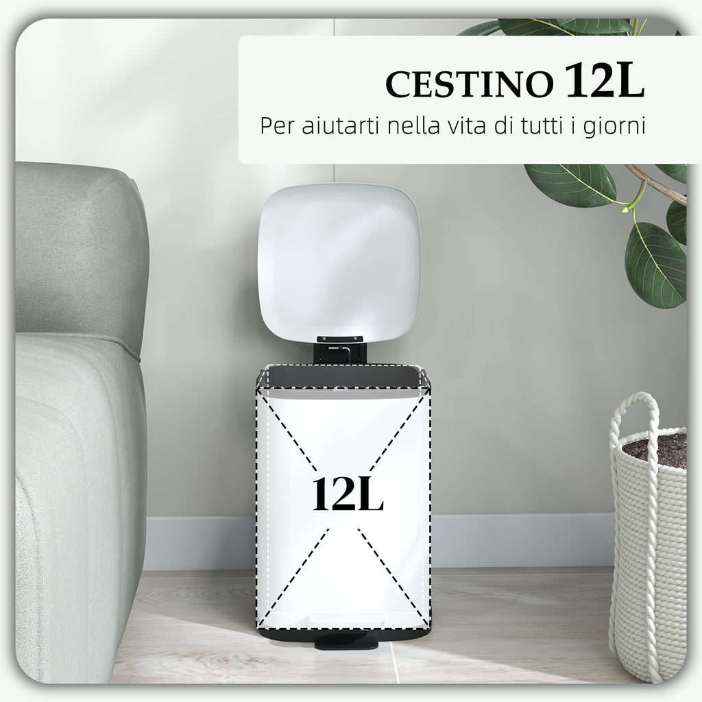 12L Pedal Bin with Silent Closure, Metal and PP, 24.5x32x34.5 cm, White