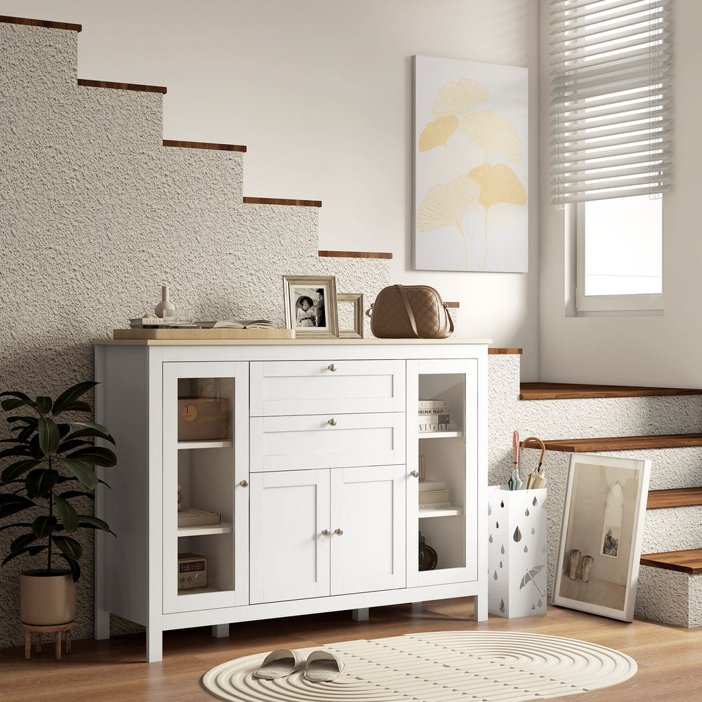Kitchen Cabinet with 2 Drawers and 3 Cupboards, Glass Doors and Adjustable Shelves, 120x40x90 cm, White and Oak