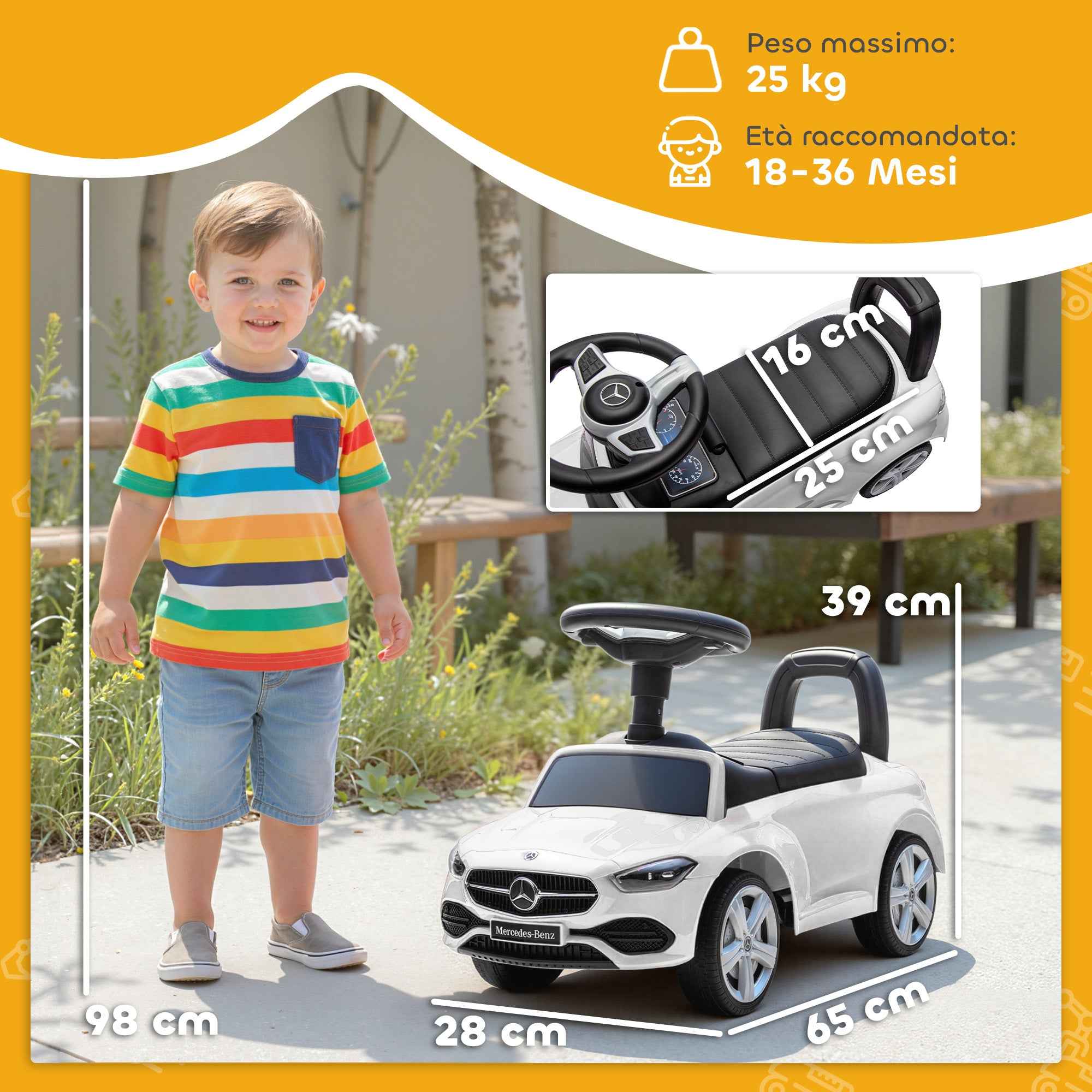 AIYAPLAY Mercedes Benz Licensed Ride-On Toy Car with Horn and Storage Space, 65x28x39 cm, White