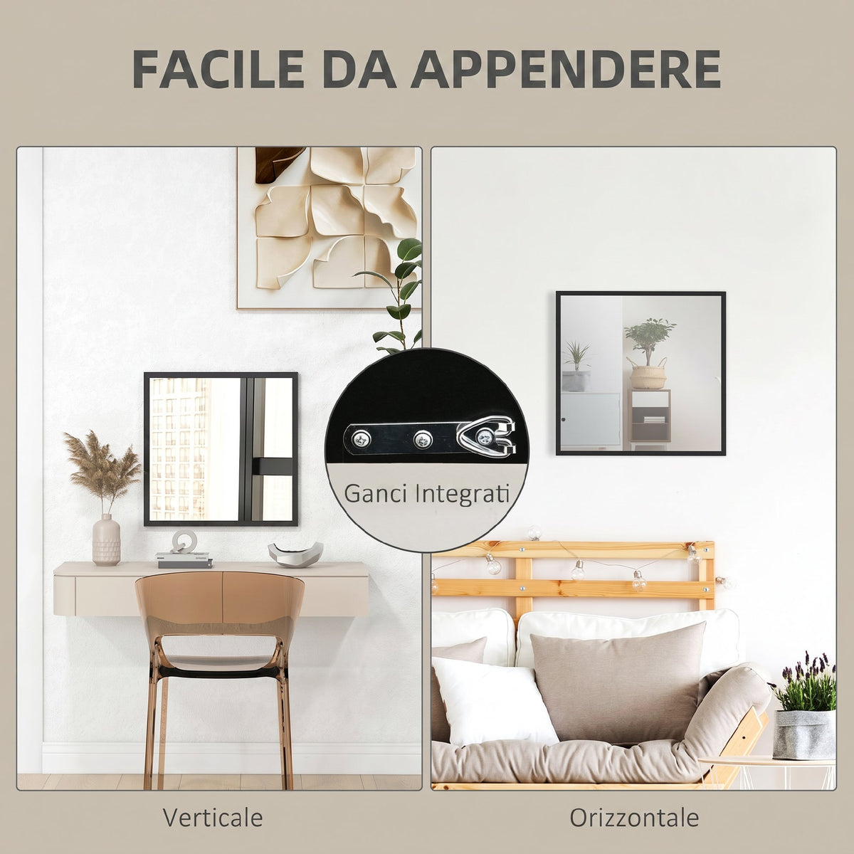 HOMCOM Rectangular Wall Mirror with Hooks, Glass and MDF Wall Mirror, 50x50 cm, Black